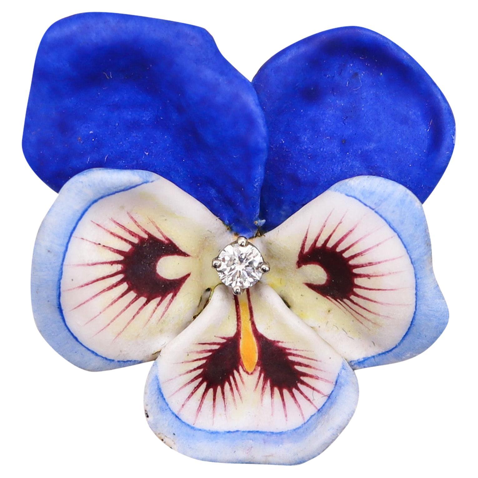 Larter & Sons 1900 Art Nouveau Enameled Pansy Flower Brooch In 18Kt Gold Diamond For Sale