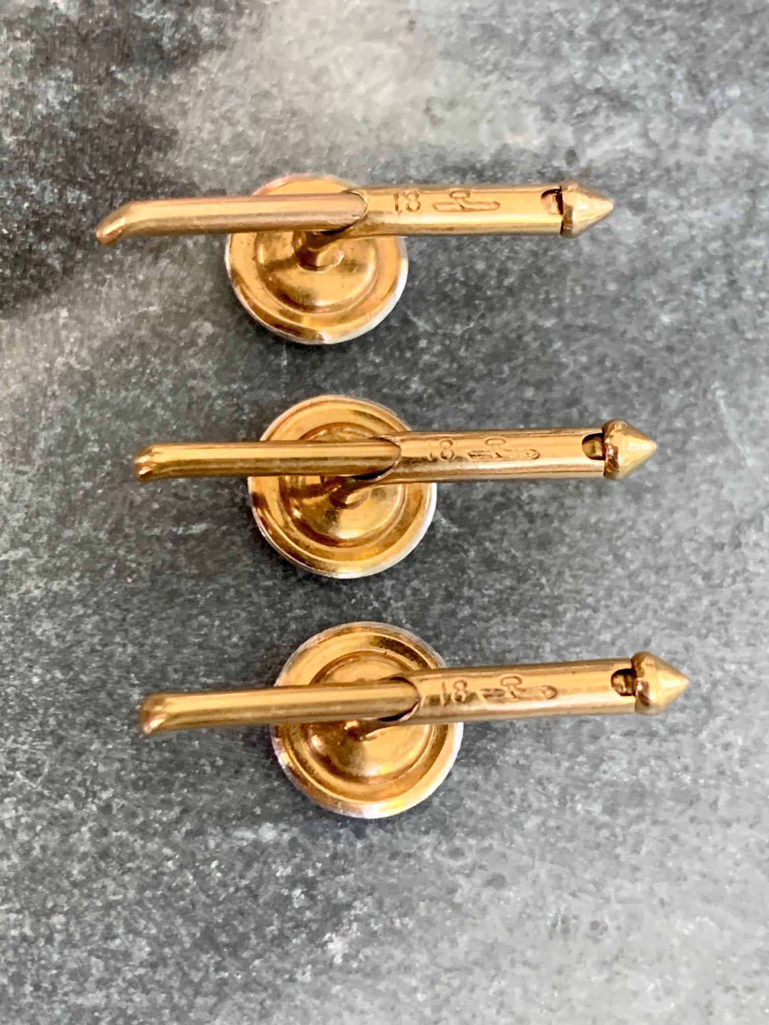 These are just spectacular.  They are a unique Art Deco cufflink and stud set, made by Larter & Sons.  The links are platinum and are topped  with Diamonds and Mother of Pearl.  The links are 2-sided with the same design on both sides so their