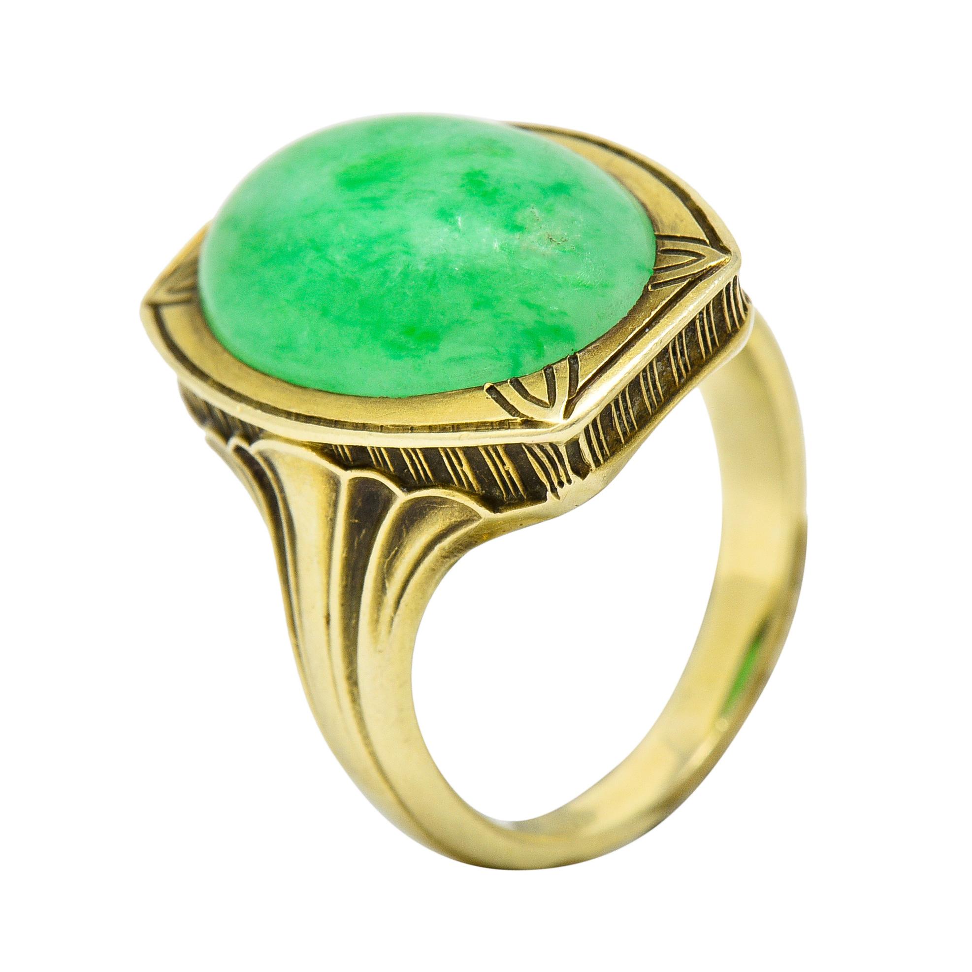 Larter & Sons Art Deco Jadeite Jade Cabochon 14 Karat Gold Lotus Ring 5