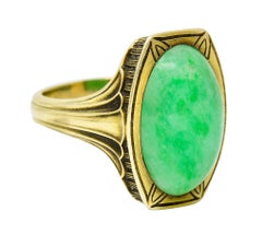 Larter & Sons Art Deco Jadeite Jade Cabochon 14 Karat Gold Lotus Ring