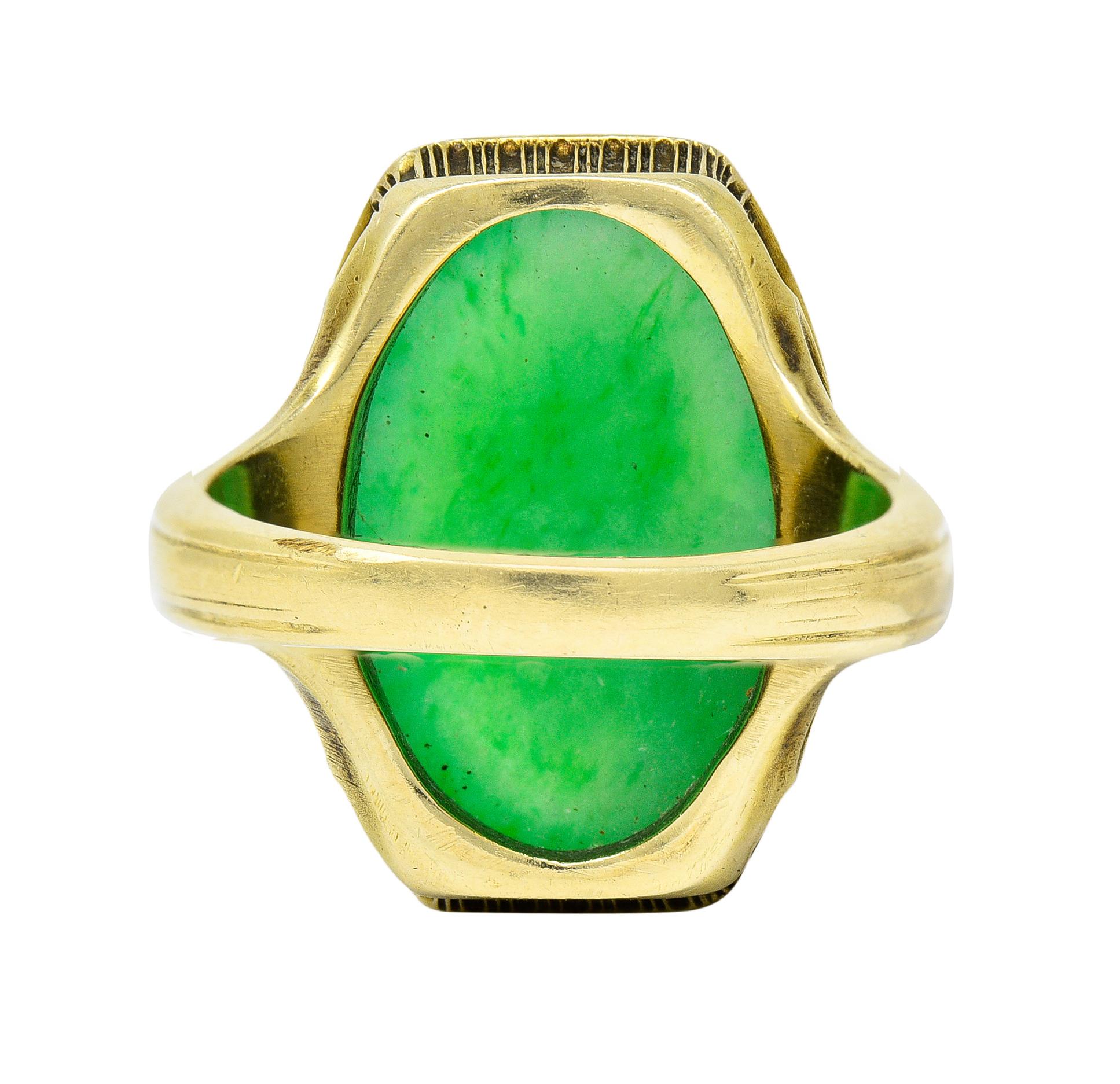 Larter & Sons Art Deco Jadeite Jade Cabochon 14 Karat Gold Lotus Ring In Excellent Condition In Philadelphia, PA