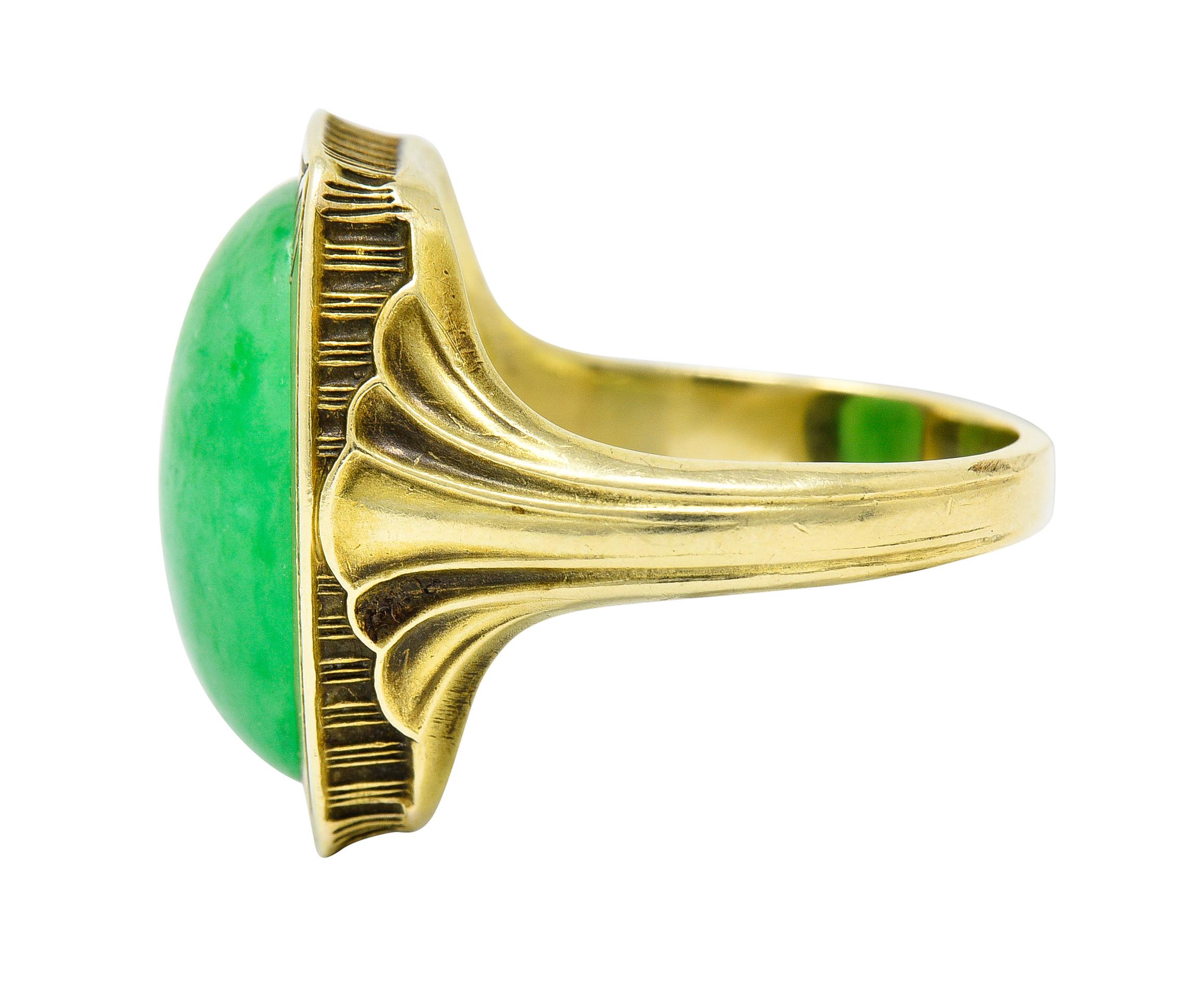 Women's or Men's Larter & Sons Art Deco Jadeite Jade Cabochon 14 Karat Gold Lotus Ring