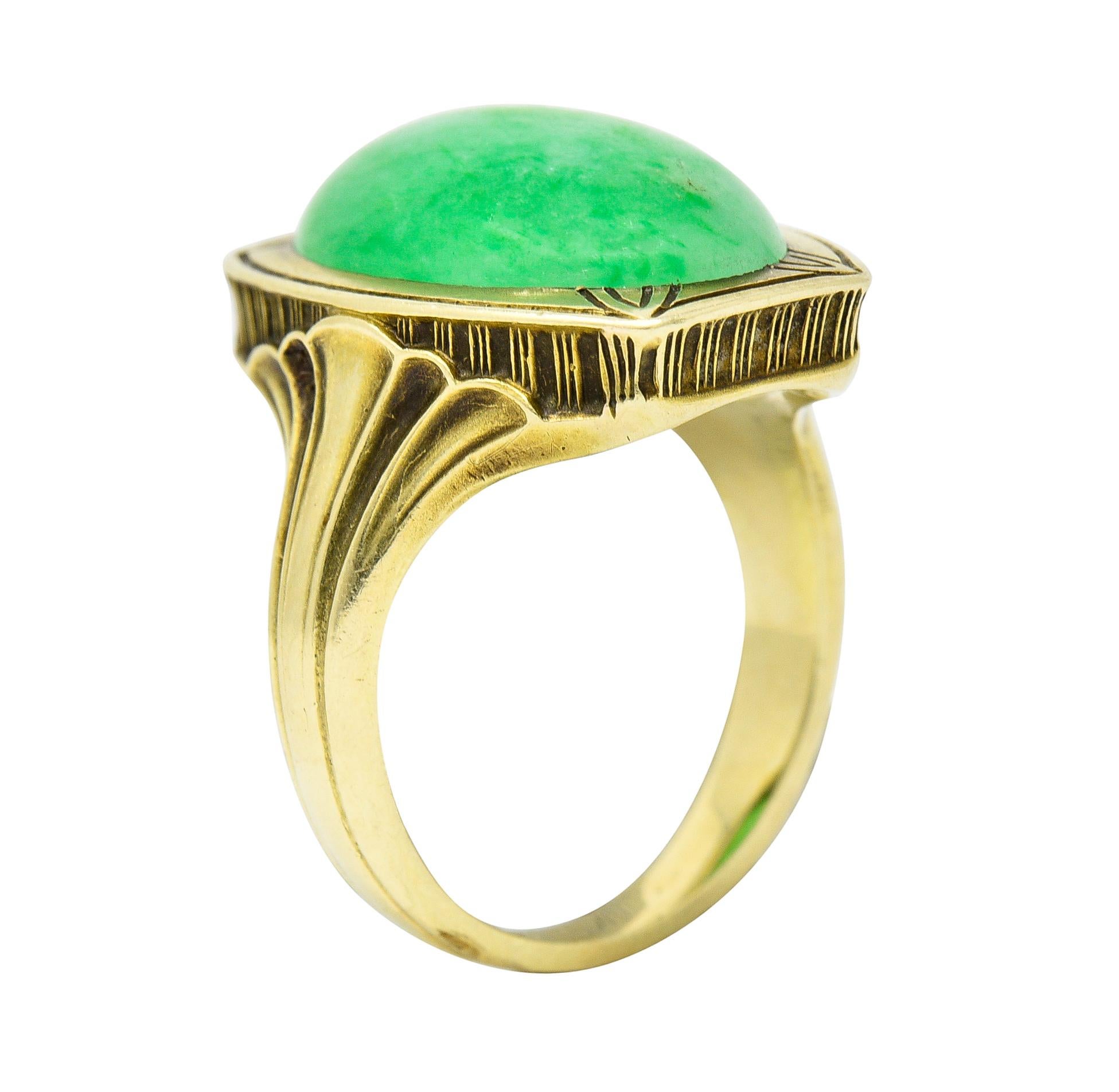 Larter & Sons Art Deco Jadeite Jade Cabochon 14 Karat Gold Lotus Ring 4