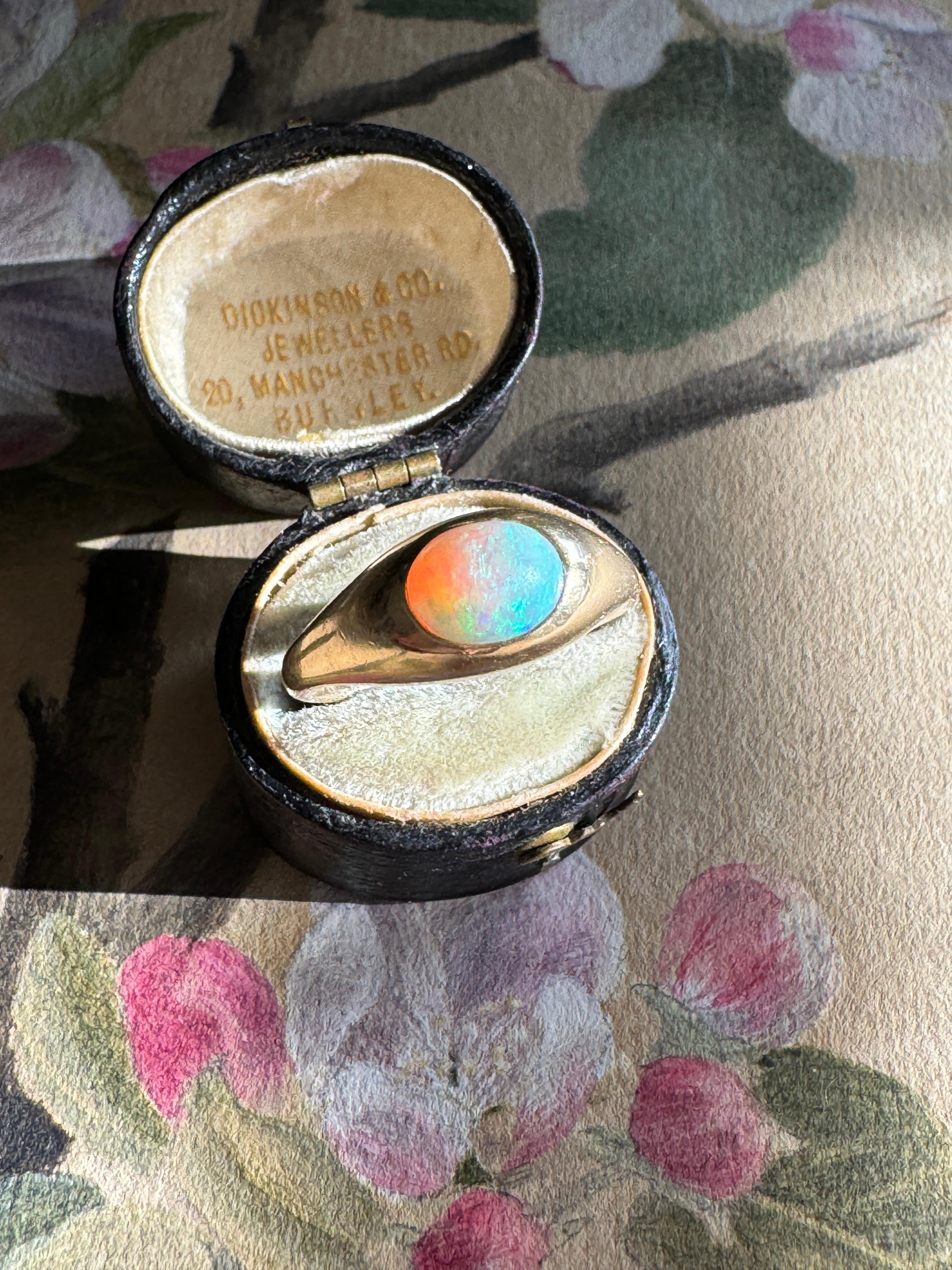 A lovely Art Nouveau ring by Larter & Sons of Newark, NJ showcases a cabochon opal presented in a 14 karat gold flush set mounting. Currently a ring size 6.25


Weight: 4.6 grams

Size: 6.25

Measurements: 7.64 mm north to south

Opal: 8.2 x 5.7 x