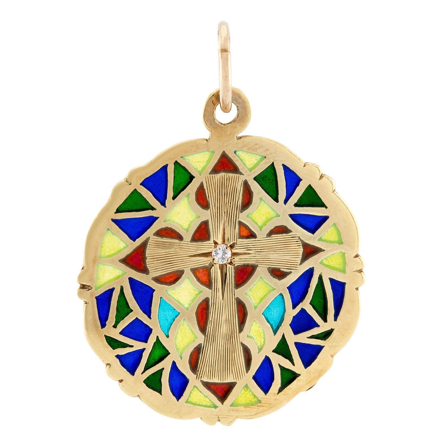 LARTER 
SONS Art Nouveau 14k Plique-À-Jour Diamond Cross Disc Pendant For Sale