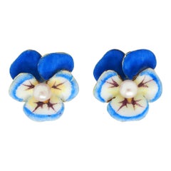 Larter & Sons Art Nouveau Pearl Enamel 14K Gold Antique Blue Pansy Stud Earrings
