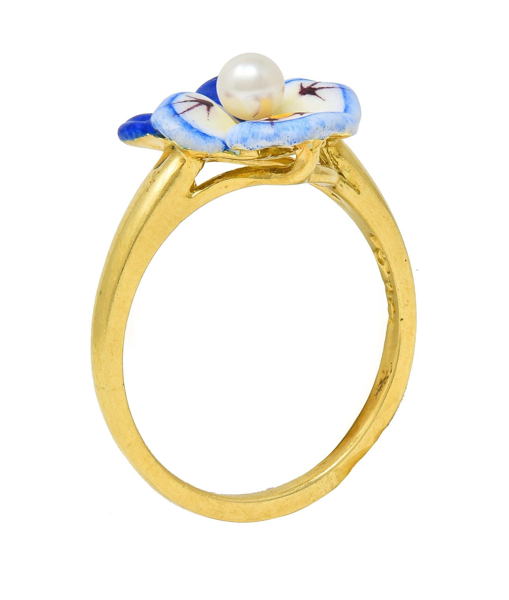 Larter & Sons Art Nouveau Pearl Enamel 18 Karat Yellow Gold Pansy Ring 5