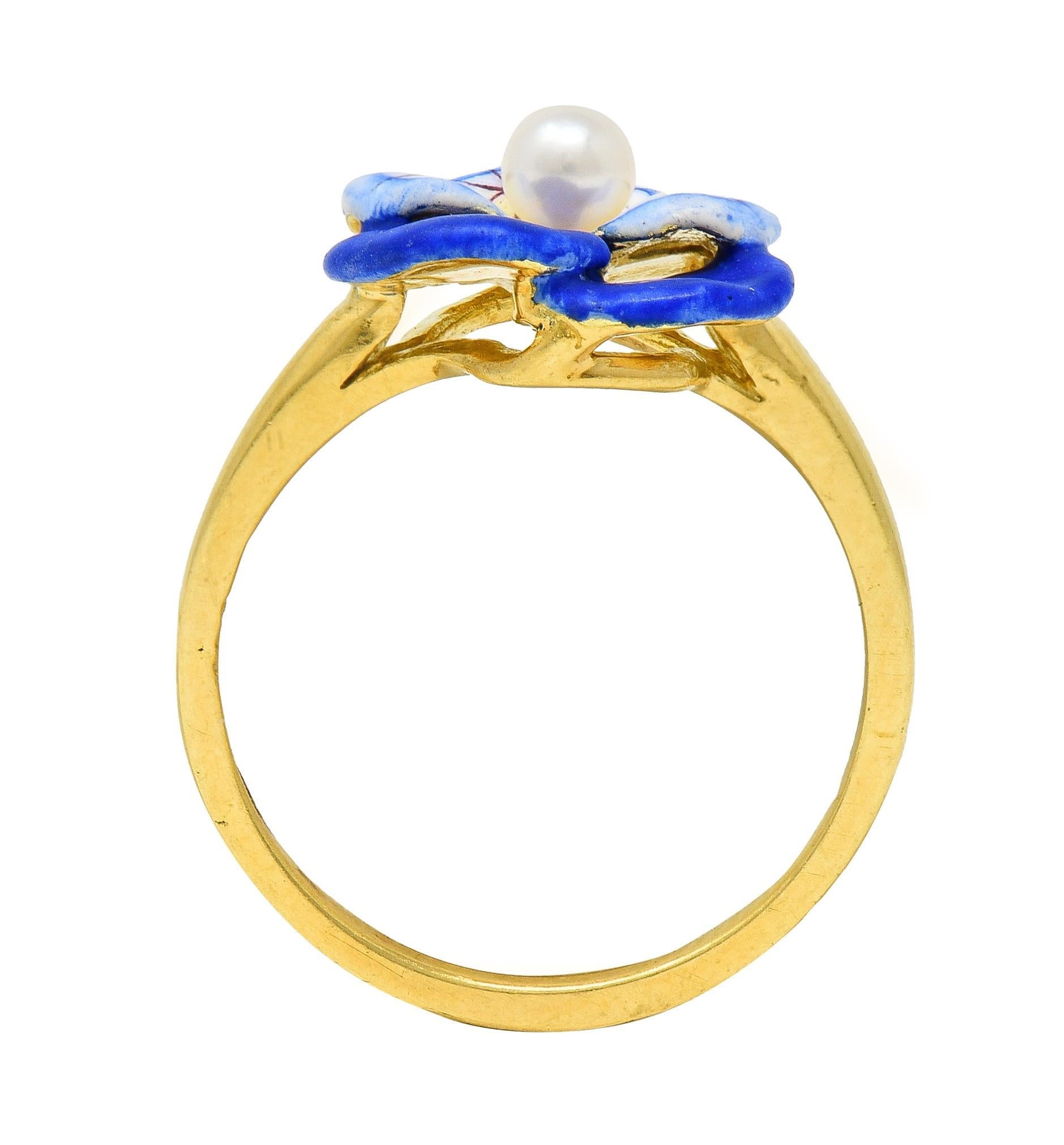 Larter & Sons Art Nouveau Pearl Enamel 18 Karat Yellow Gold Pansy Ring 6