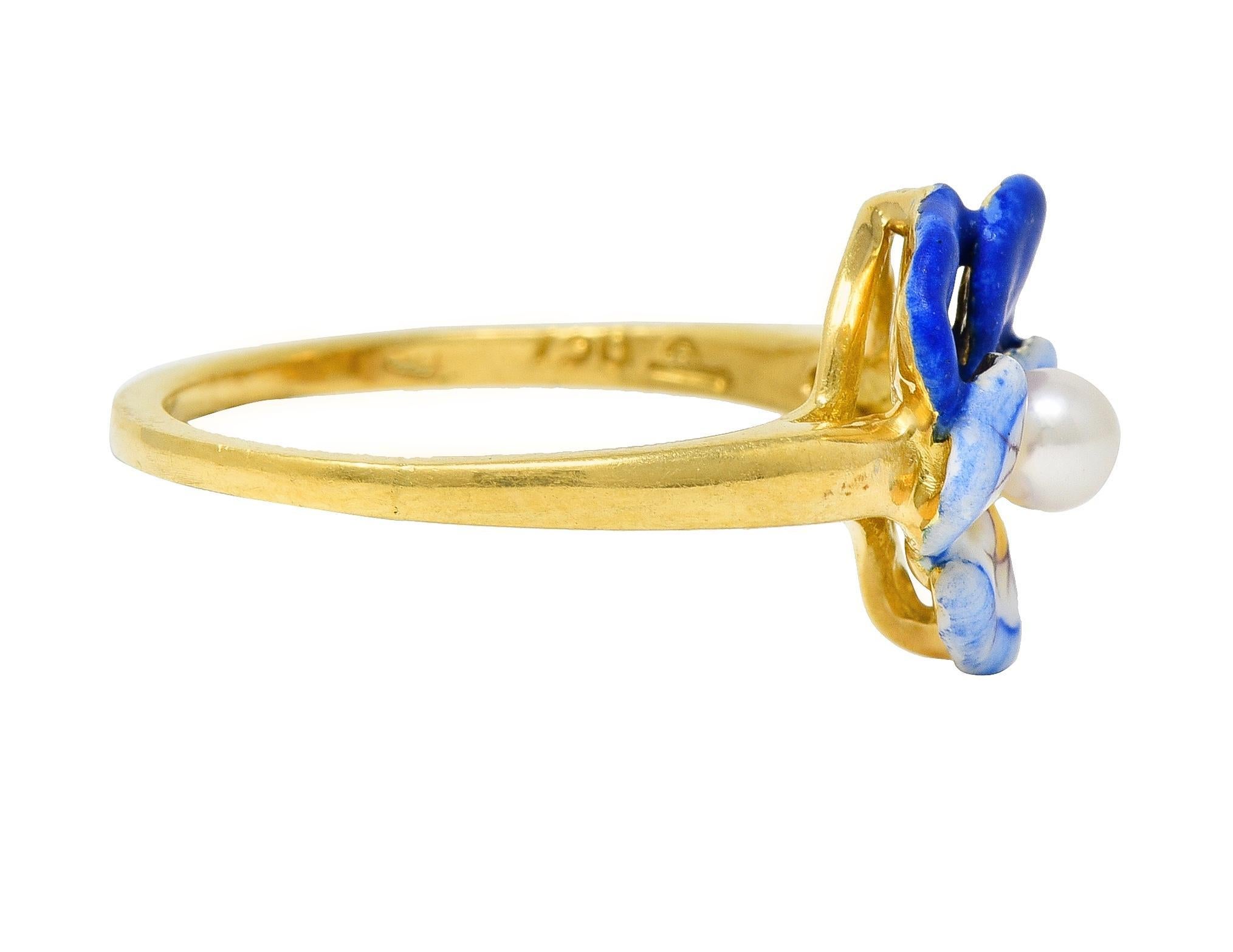 Uncut Larter & Sons Art Nouveau Pearl Enamel 18 Karat Yellow Gold Pansy Ring