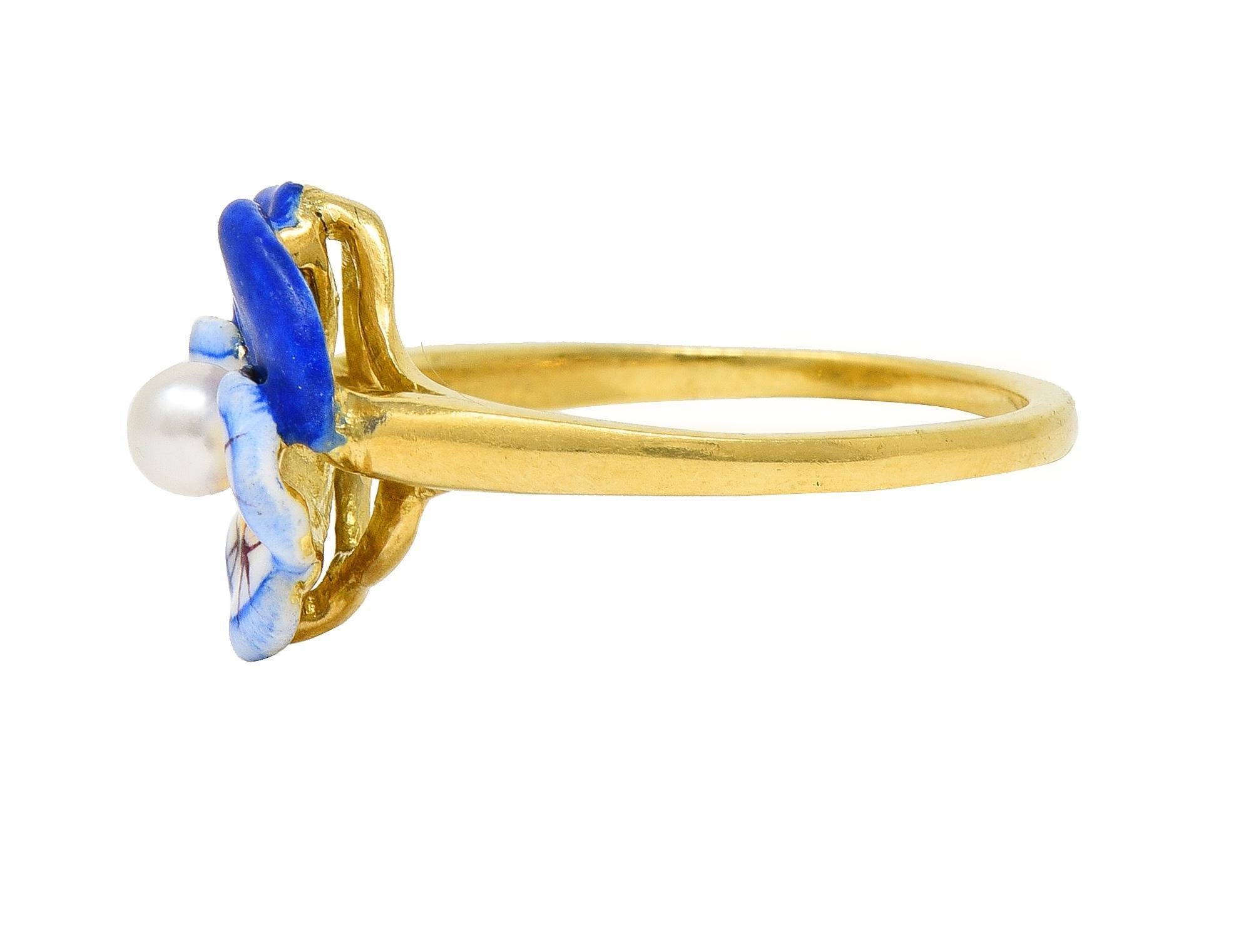 Women's or Men's Larter & Sons Art Nouveau Pearl Enamel 18 Karat Yellow Gold Pansy Ring