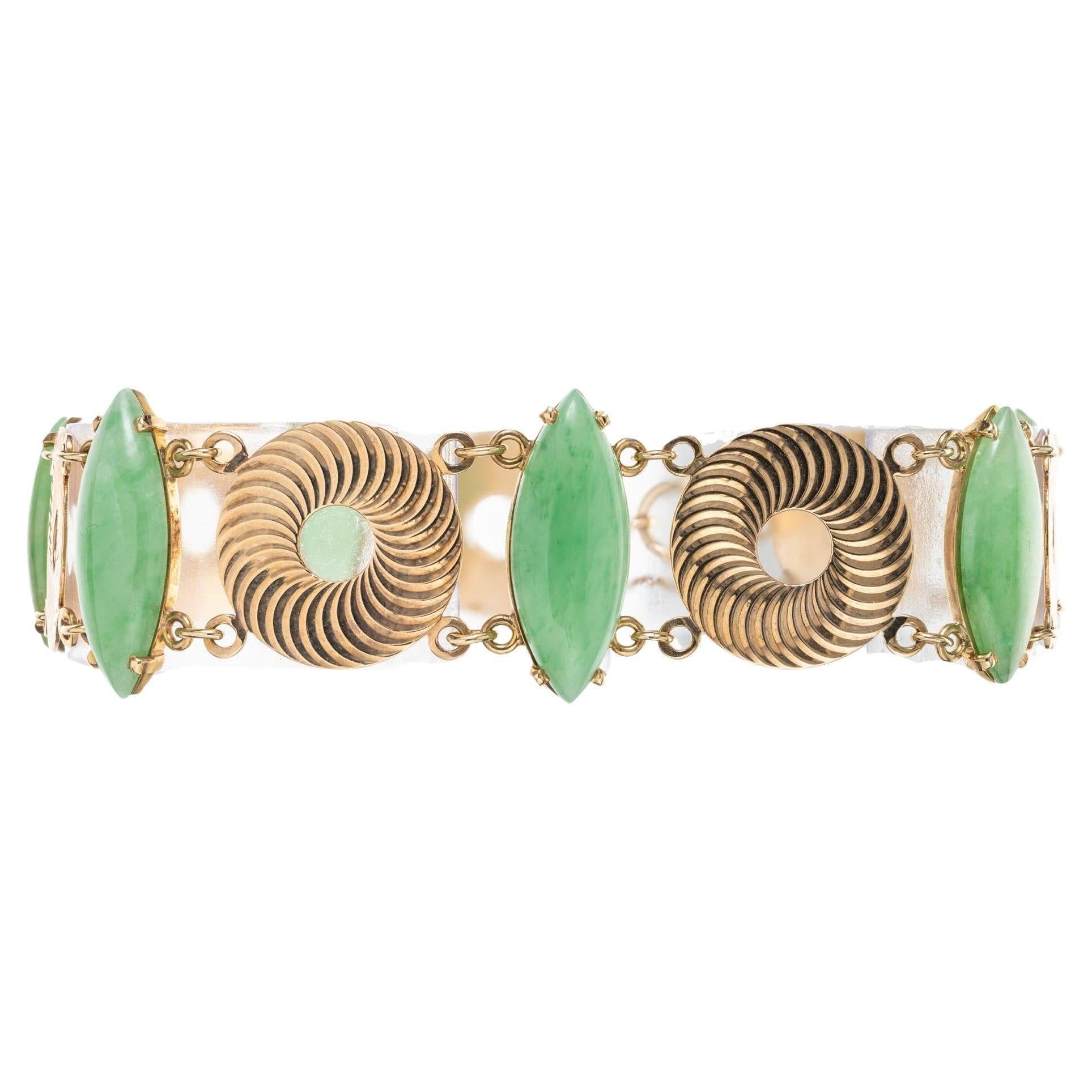 Larter & Sons GIA Certified Natural Green Jadeite Jade Marquise Gold Bracelet  For Sale