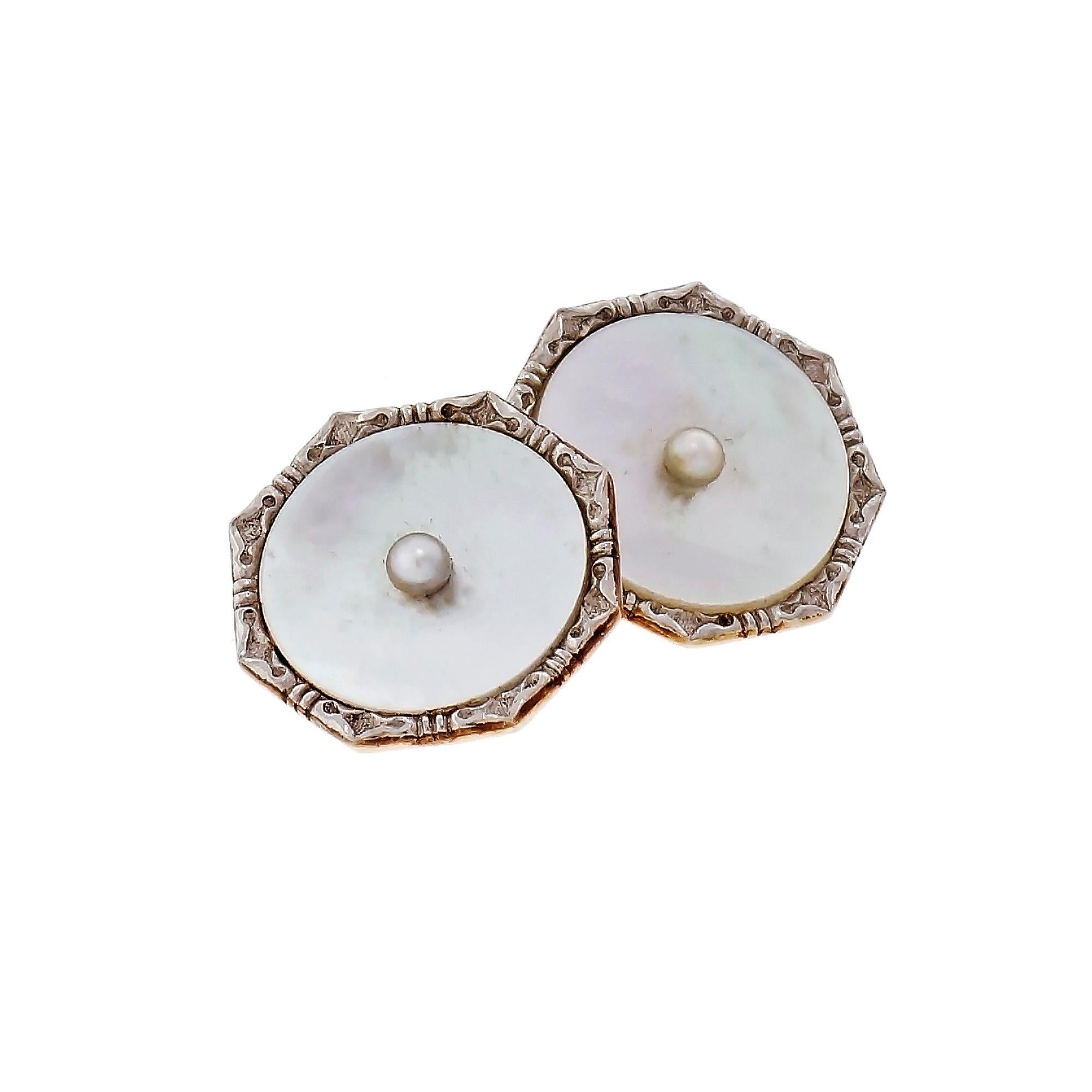 Larter & Sons full dress set, Includes 1 cufflinks, four buttons & 3 vest studs. Antique Larter & Sons 14k Mother of Pearl Victorian period full dress 14k yellow gold set with Platinum tops.

10 natural white Pearls, 2mm 
10 Mother of Pearl discs