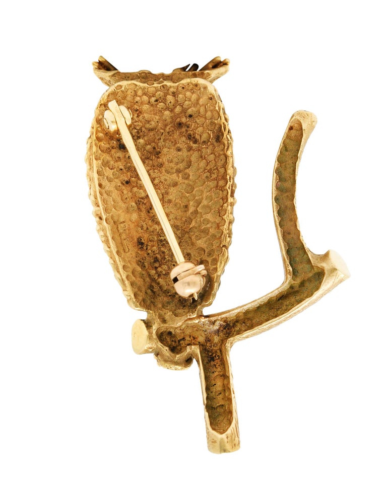 Contemporary Larter & Sons Vintage 14 Karat Gold Owl Brooch For Sale