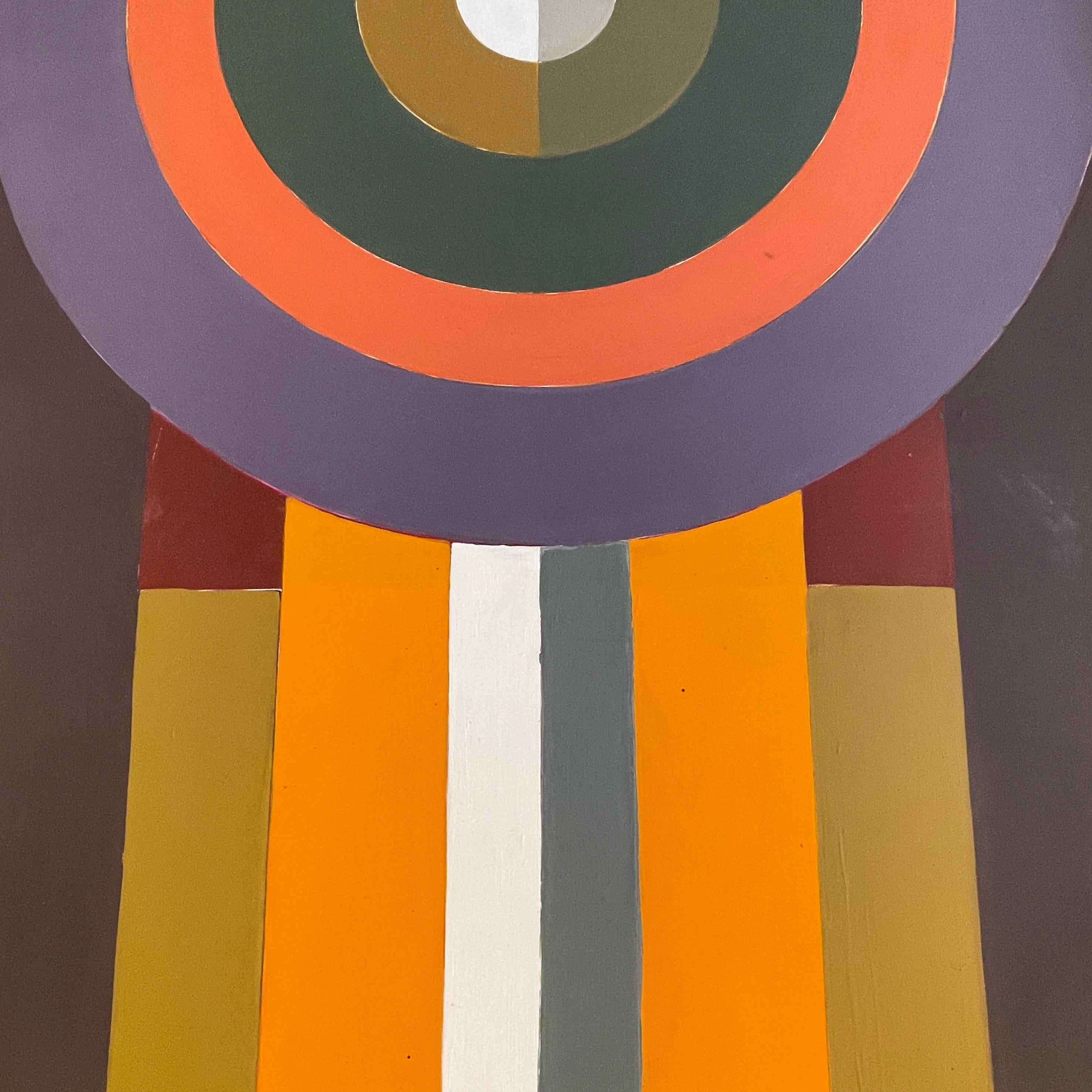 Stunning Op-Art geometric oil on board by Larue Storm. Original stainless steel frame