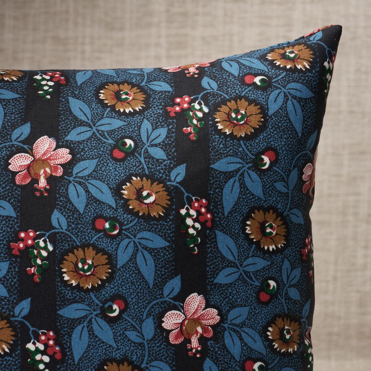 This pillow features LaRue Stripe with a knife edge finish. Inspired by an antique fabric, this layered floral stripe is printed on a crisp cotton ground. Pillow includes a feather/down fill insert and hidden zipper closure.