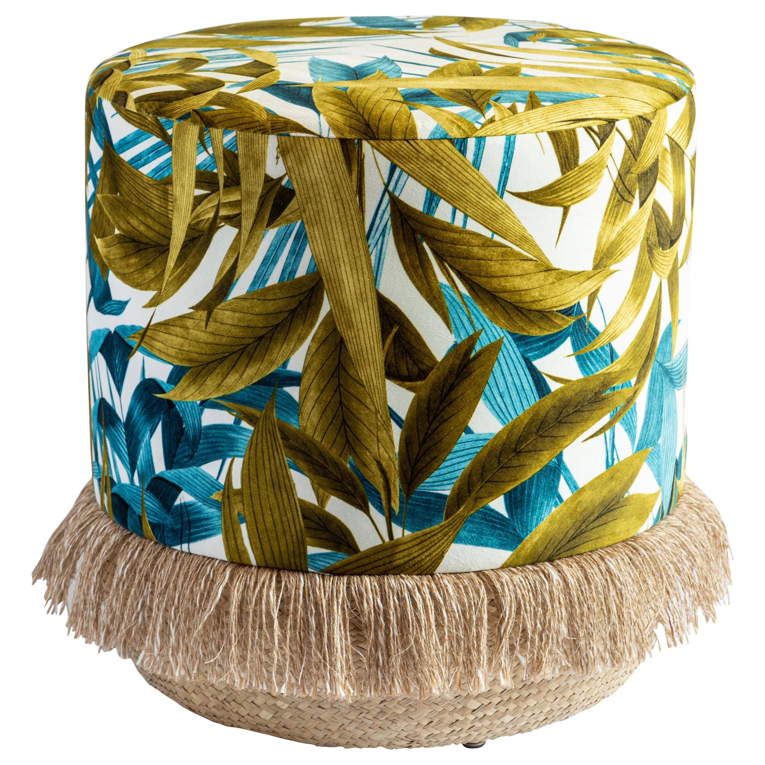 Las Palmas, Contemporary Printed Velvet and Natural Strew Pouf by Vito Nesta For Sale