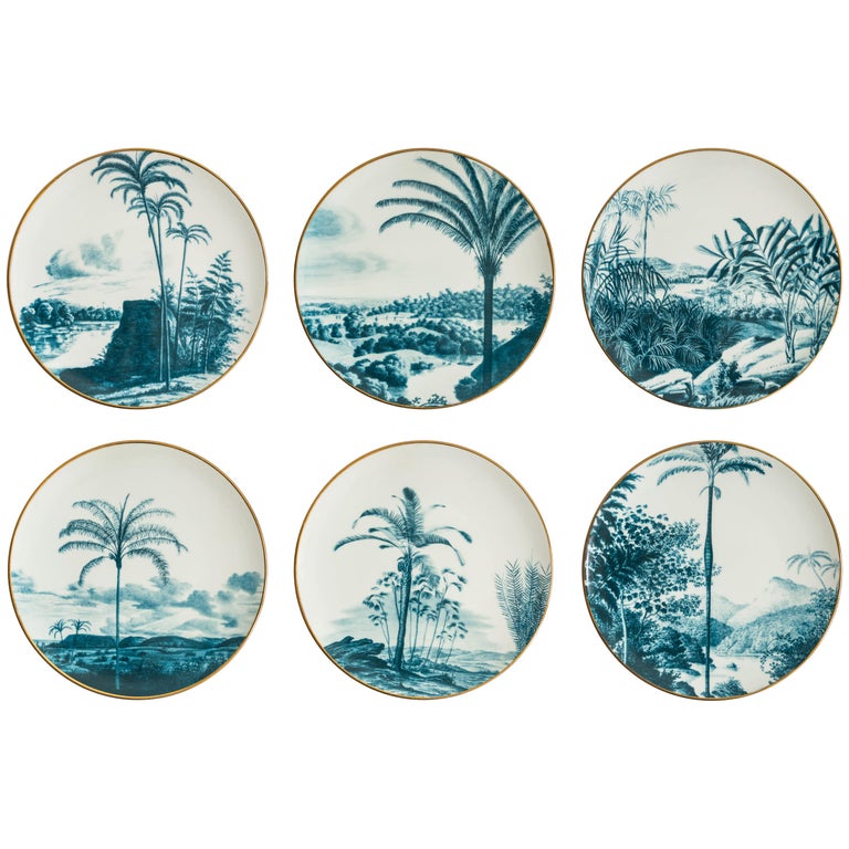 Las Palmas, Six Contemporary Porcelain Dinner Plates with Decorative Design For Sale