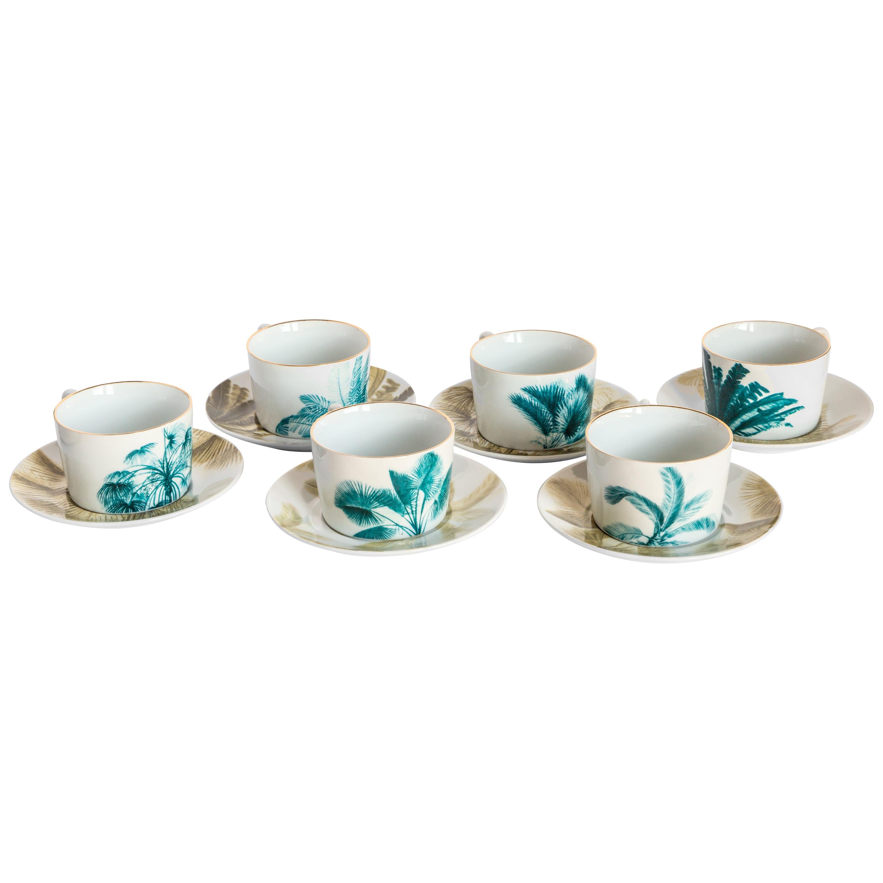 Las Palmas, Tea Set with Six Contemporary Porcelains with Decorative Design For Sale