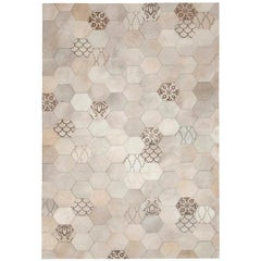 Laser Burn Patterned Motif Atomo Gray and Cream Cowhide Area Floor Rug X-Large