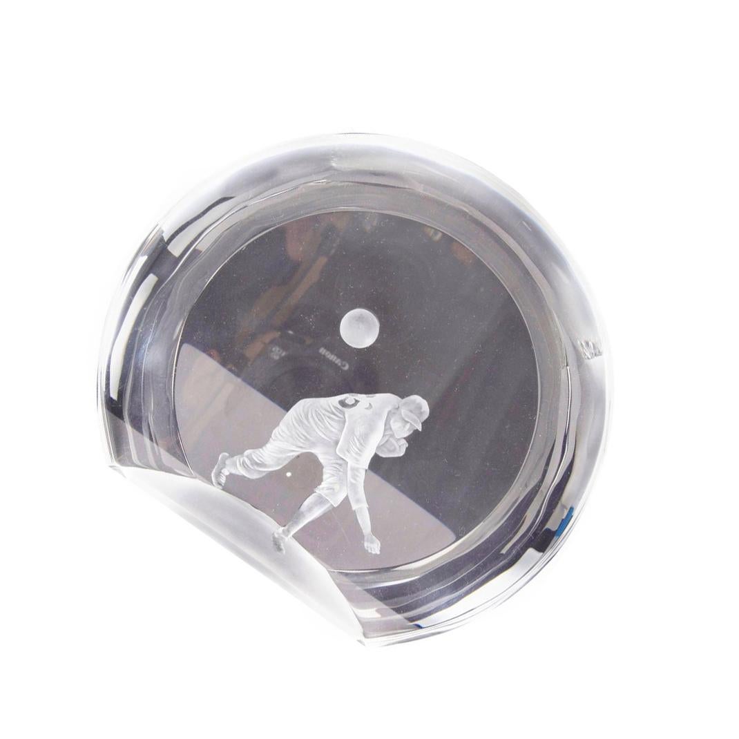 3D clear crystal Laser etched baseball trophy depicting a pitcher throwing a ball; beveled circular form; measure: flat base 8