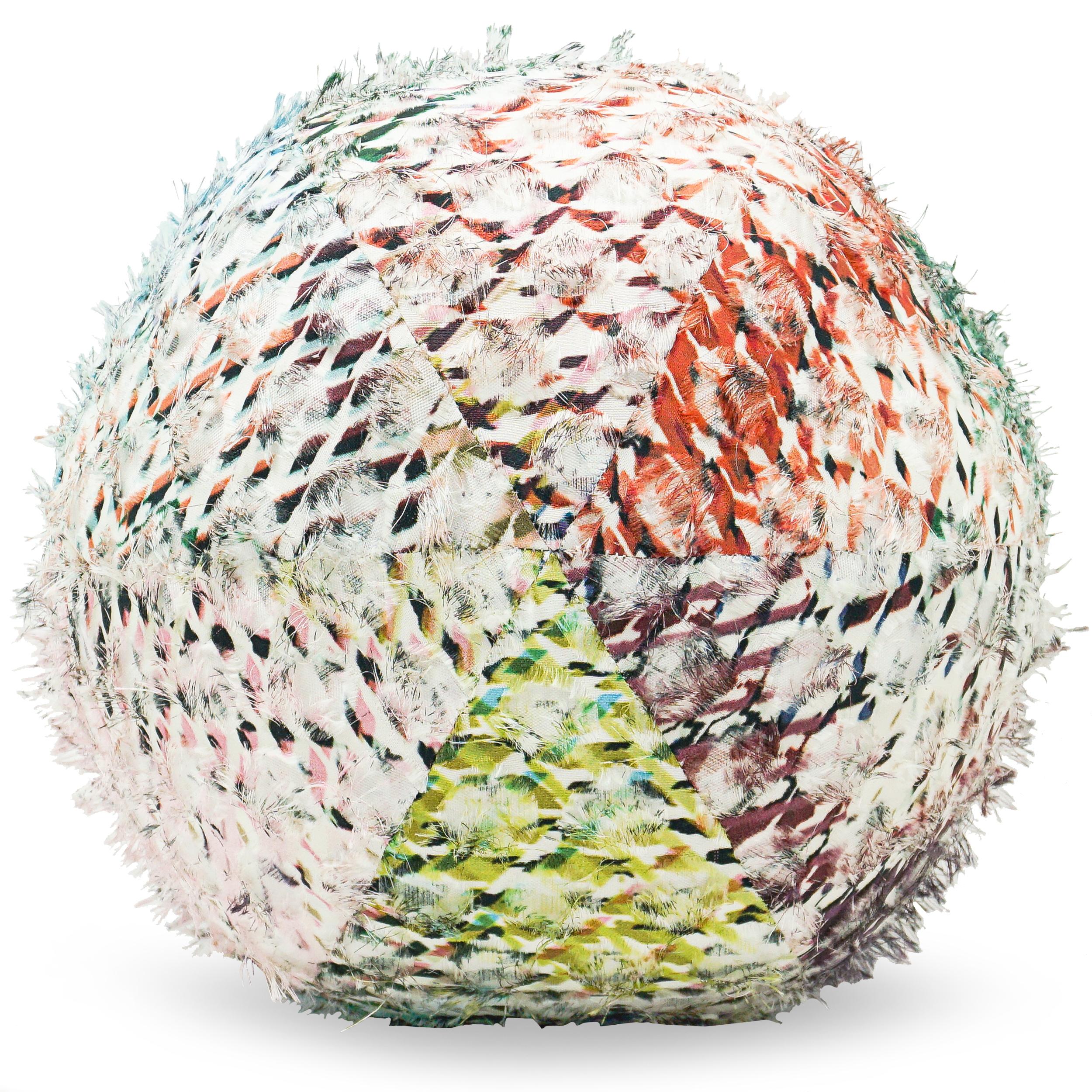 Ball pillow is covered in a colorful Romo fabric with wispy fringe detail giving it a playful appearance, texture and a 3-Dimensional effect. Can be customized in any fabric. Ask for current availability of ball in fabric as shown.
