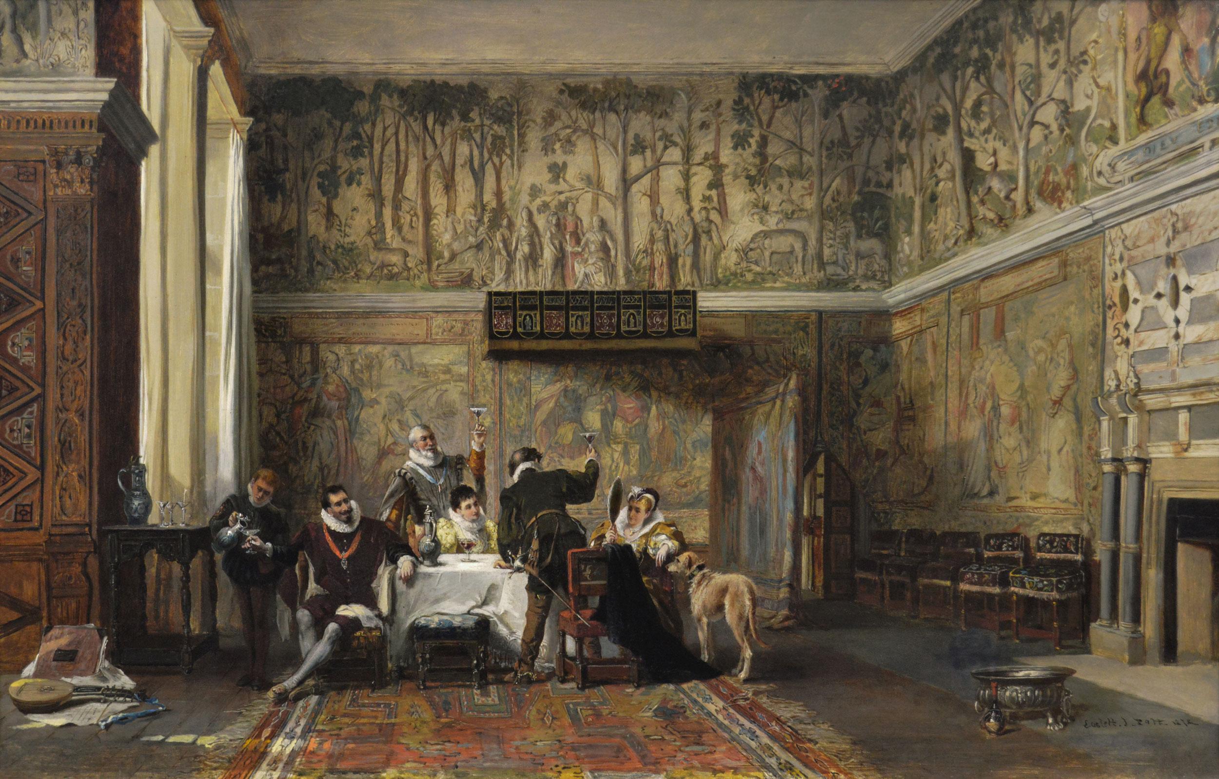 Historisches Ölgemälde aus dem 19. Jahrhundert mit Figuren in Hardwick Hall – Painting von Laslett John Pott