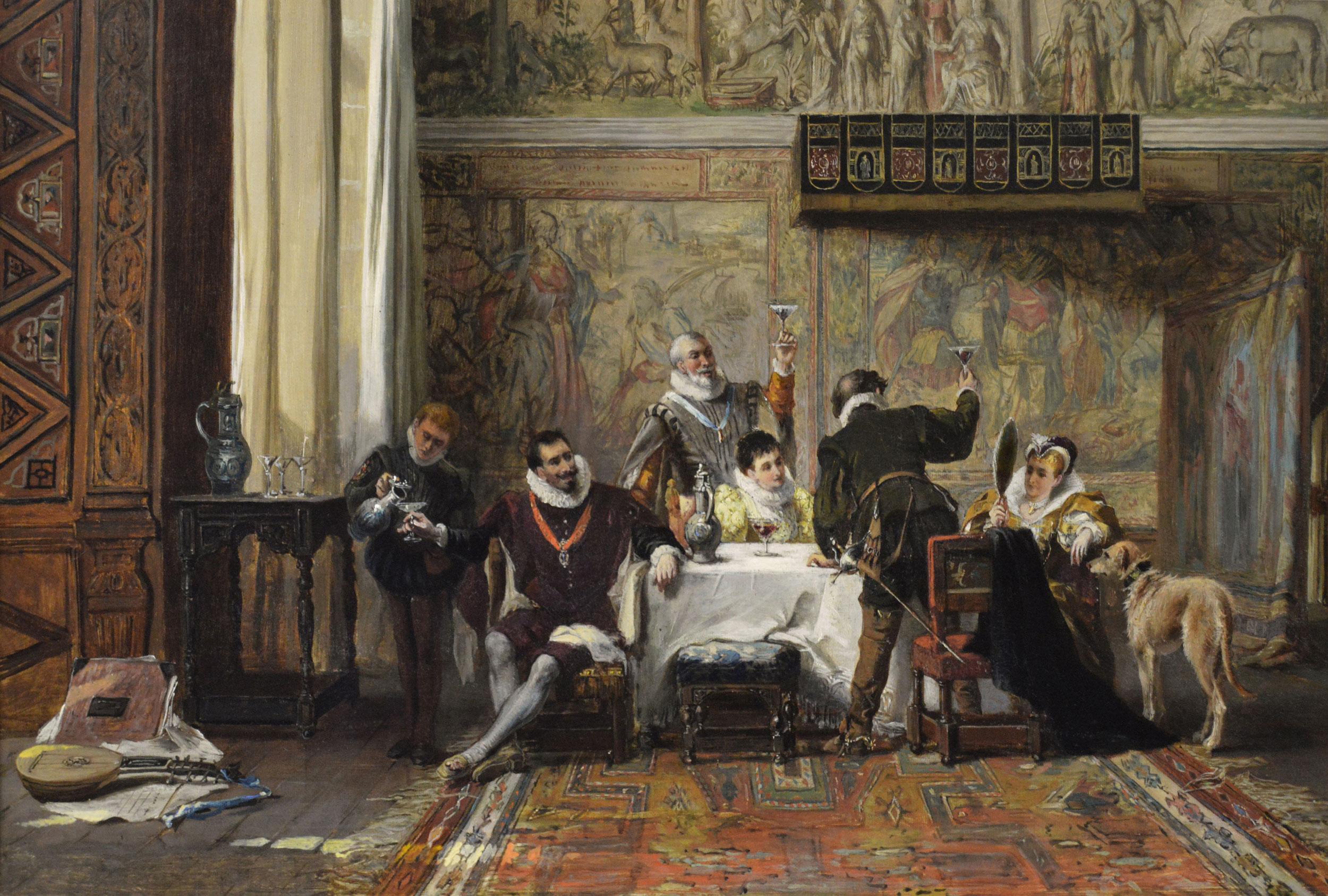 Historisches Ölgemälde aus dem 19. Jahrhundert mit Figuren in Hardwick Hall (Braun), Figurative Painting, von Laslett John Pott