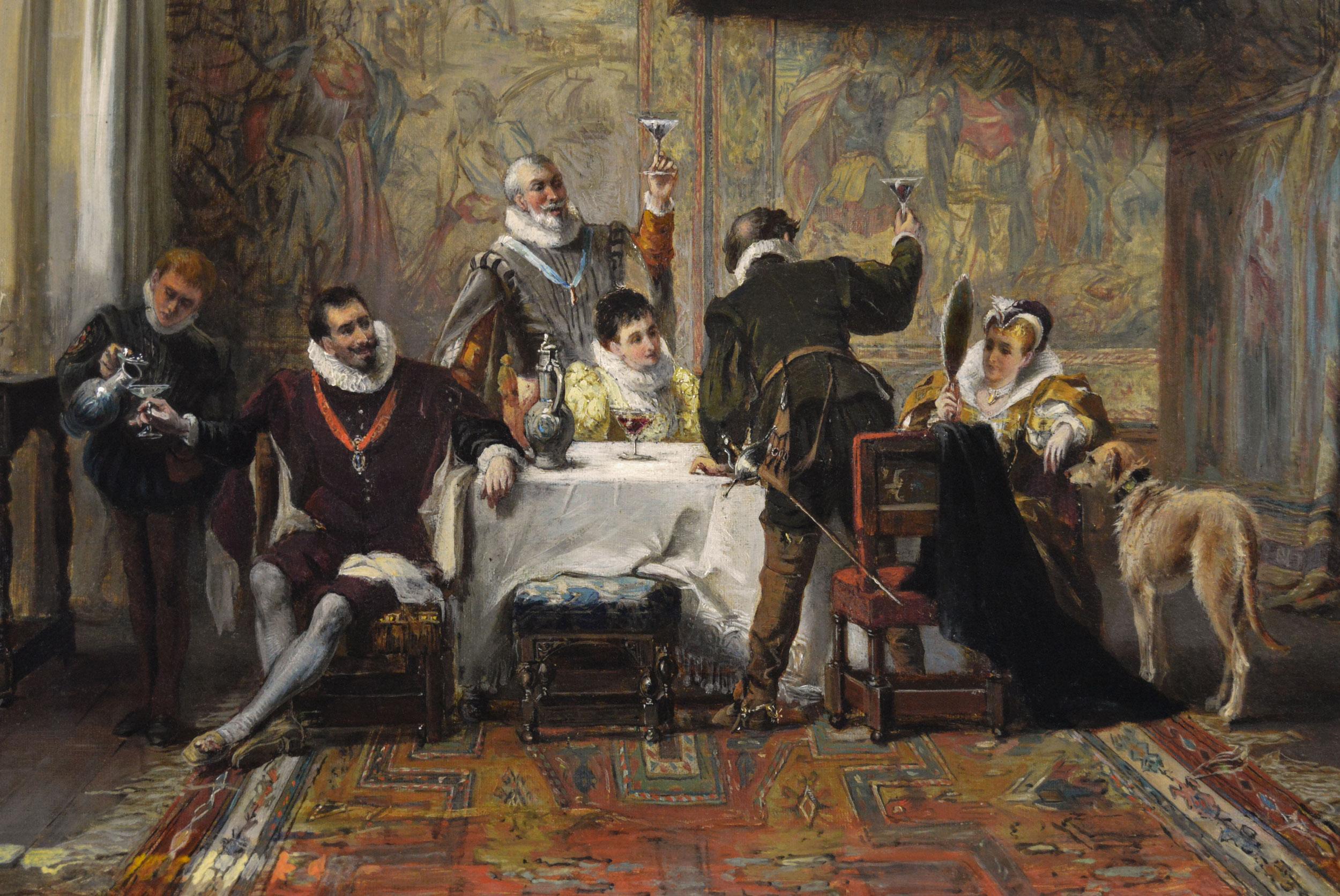 Laslett John Pott RSA
britisch, (1837-1898)
Bess of Hardwick empfängt Besucher in der Hohen Großen Kammer, Hardwick Hall
Öl auf Leinwand, signiert und datiert 1872
Bildgröße: 18,75 Zoll x 29,5 Zoll 
Größe einschließlich Rahmen: 25,25 Zoll x 36