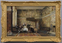 Antique 19th Century genre historical oil painting of figures at Hardwick Hall