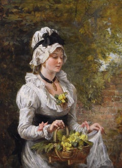 19th Century genre oil painting of a woman carrying flowers