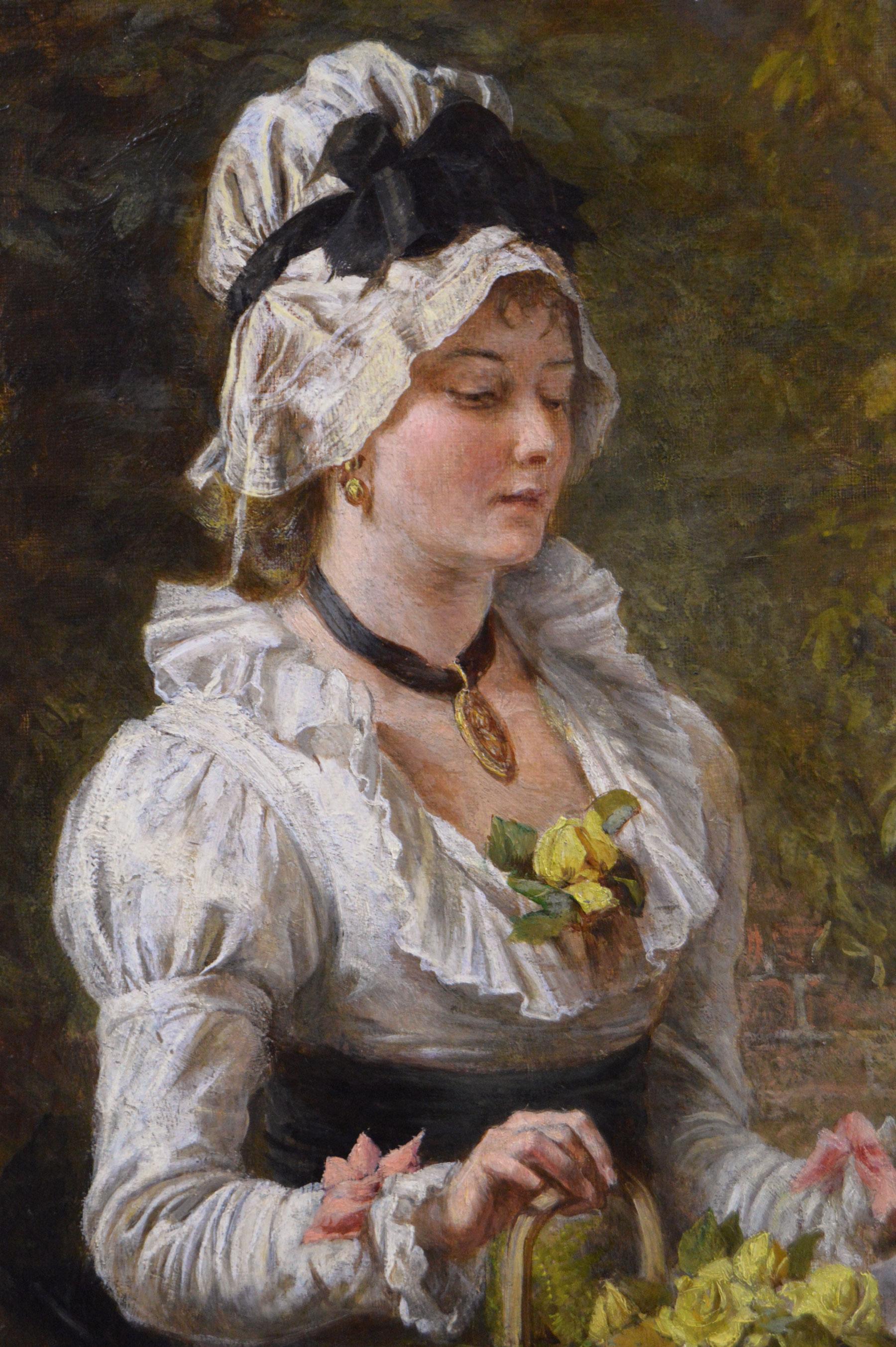 19th Century genre oil painting of a woman carrying flowers  - Victorian Painting by Laslett John Pott