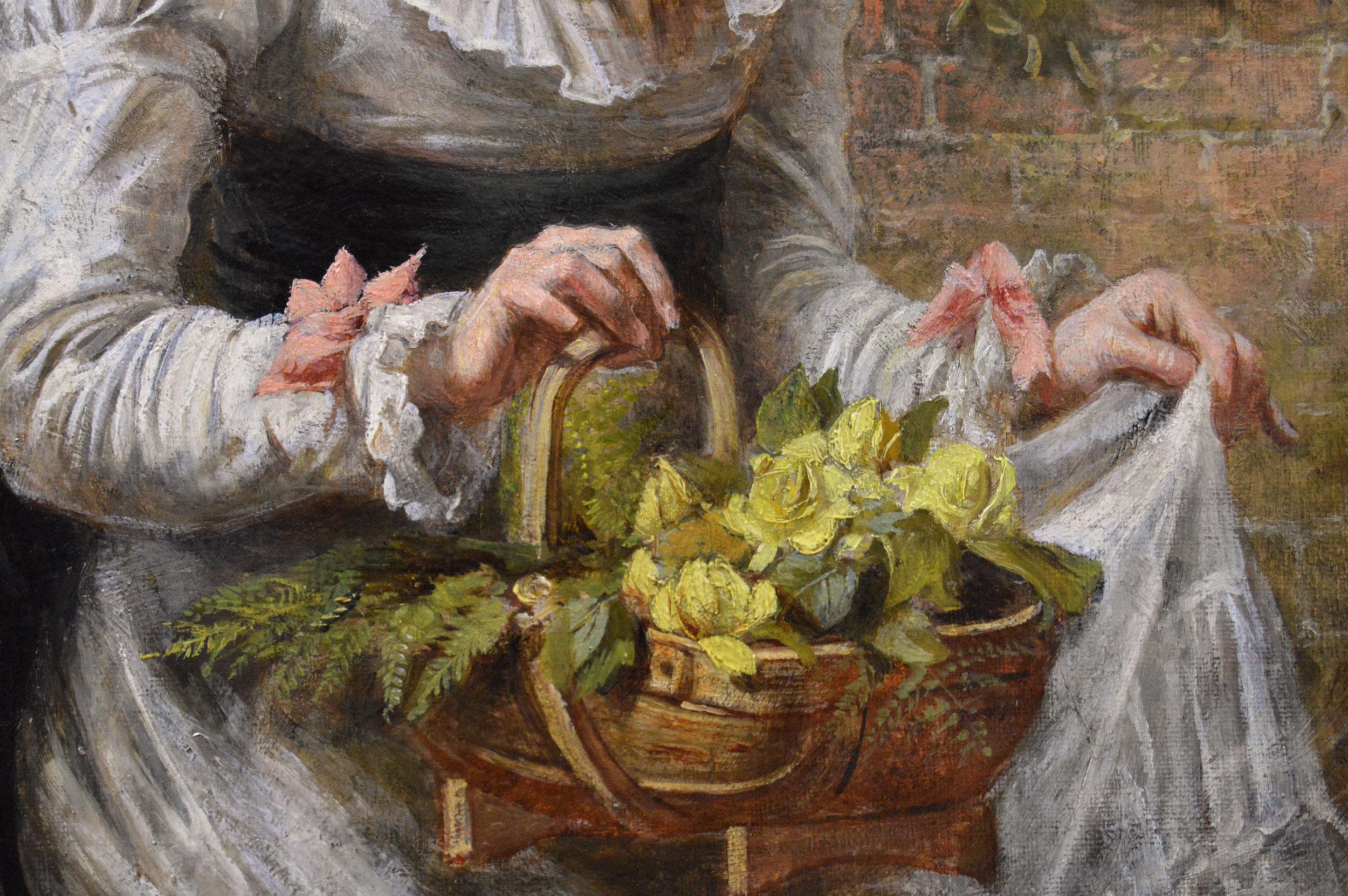 19th Century genre oil painting of a woman carrying flowers  For Sale 1