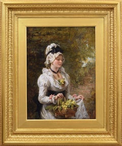 19th Century genre oil painting of a woman carrying flowers 