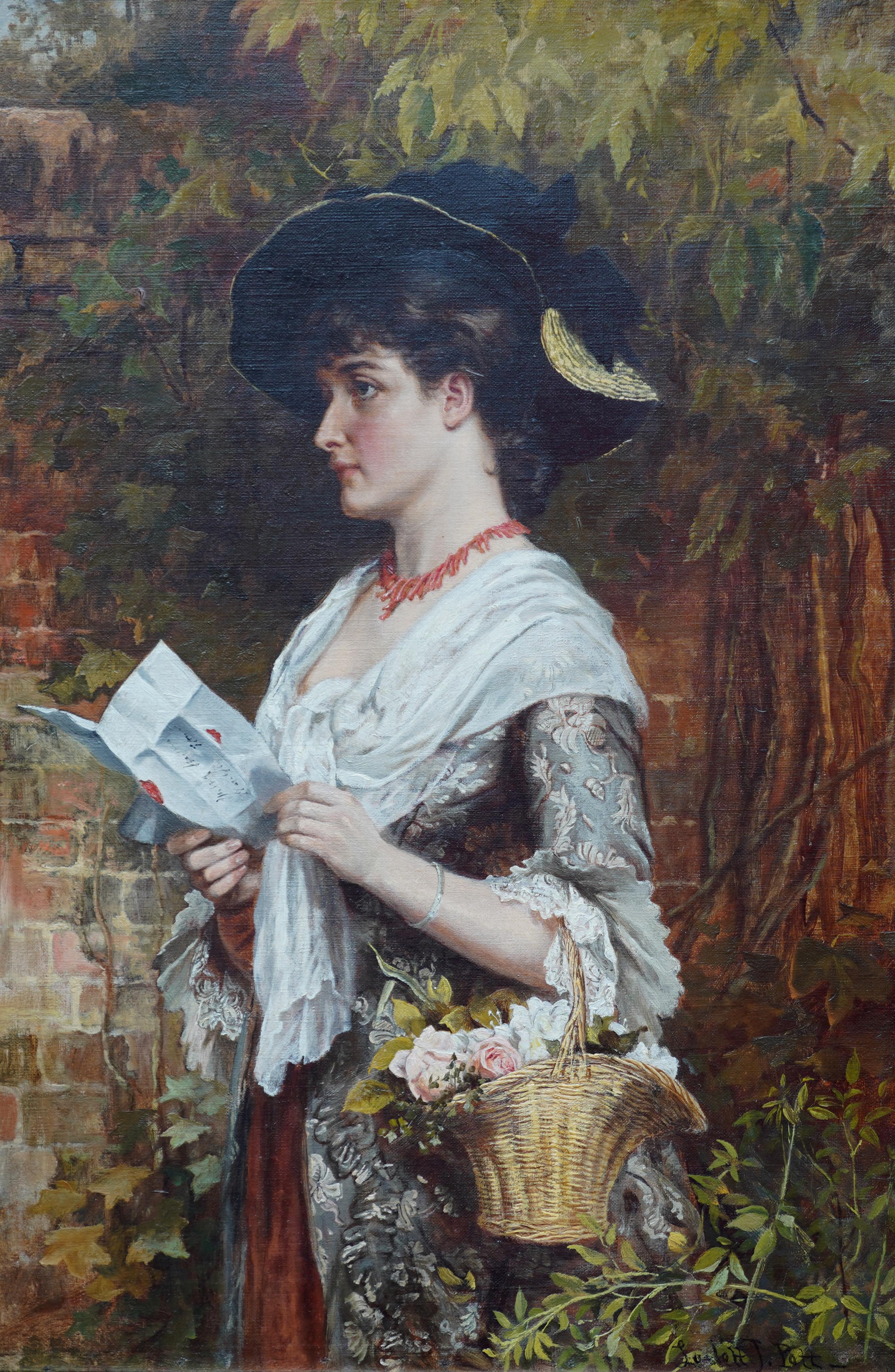 The Letter - British Victorian genre art female portrait oil painting garden - Painting by Laslett John Pott
