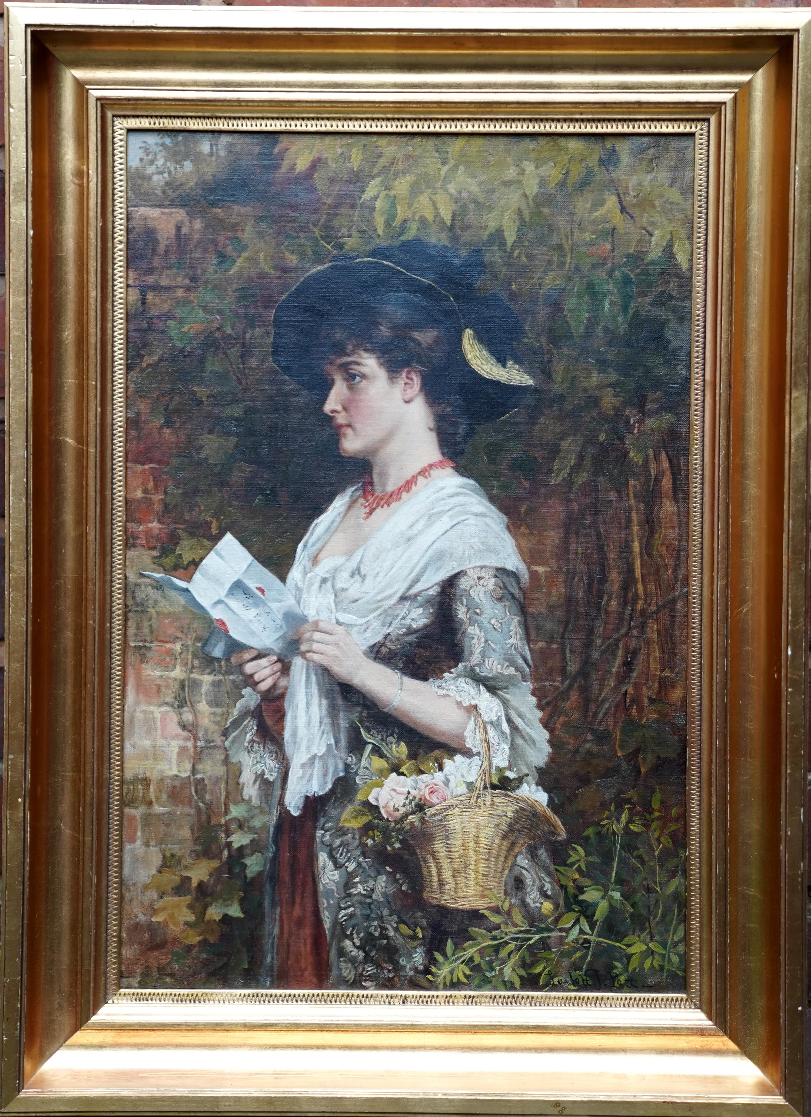 Laslett John Pott Portrait Painting - The Letter - British Victorian genre art female portrait oil painting garden