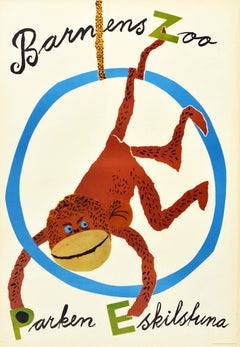 Original Vintage Poster Barnens Zoo Parken Eskilstuna Sweden Children Monkey Art