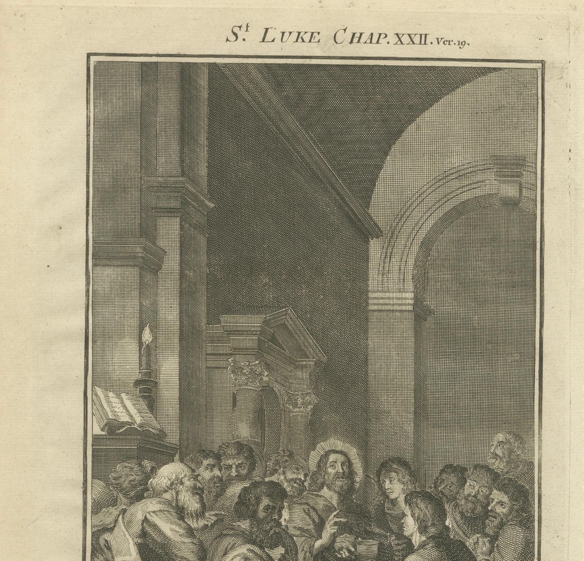 Titel: Abendmahlsgravur - Lukas XXII Einsetzung des Abendmahls ca. 1735

Beschreibung:
Dieser dramatische antike Stich mit dem Titel 