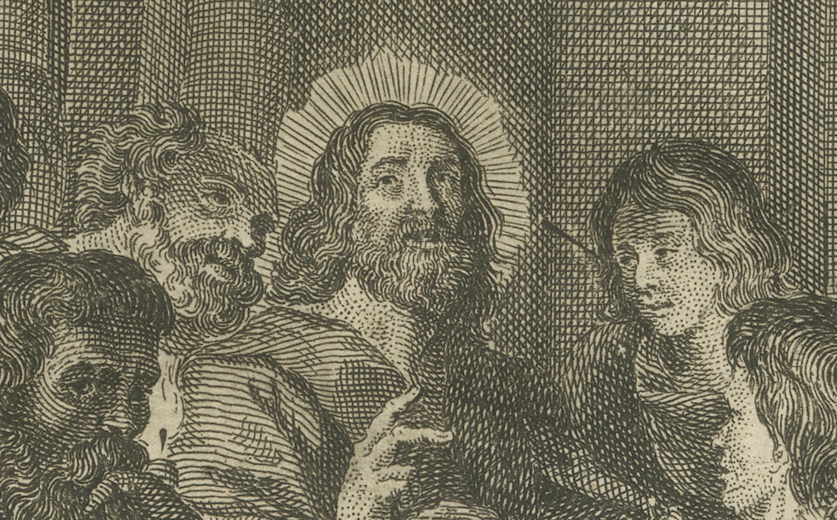 Letztes Abendmahl Kupferstich - Lukas XXII Einsetzung des Abendmahls ca. 1735 (Graviert) im Angebot