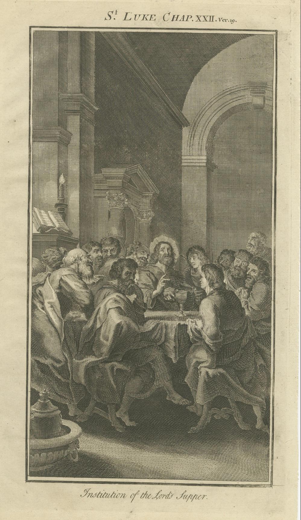 Letztes Abendmahl Kupferstich - Lukas XXII Einsetzung des Abendmahls ca. 1735 im Zustand „Gut“ im Angebot in Langweer, NL
