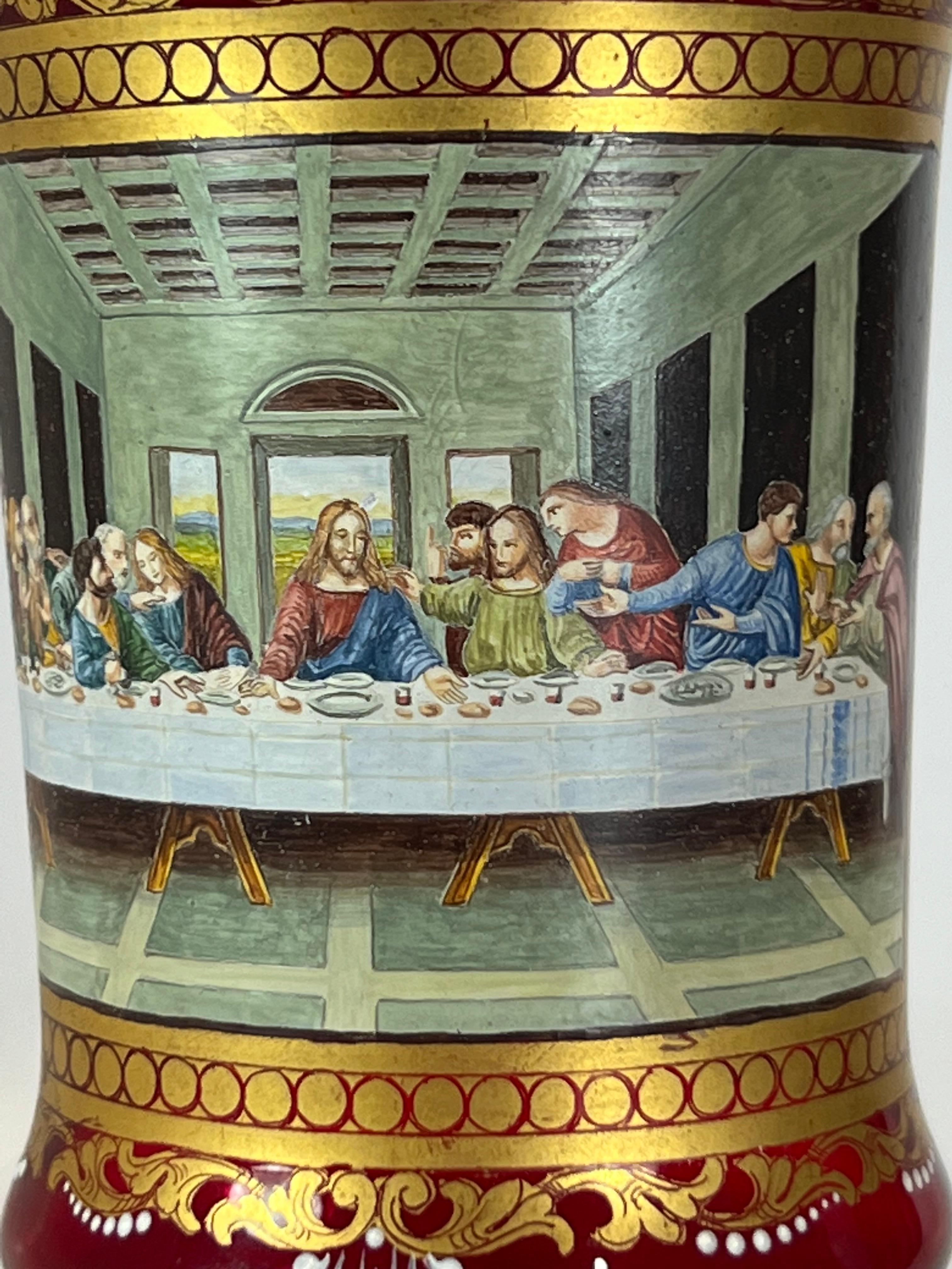 Hand-Painted Last Supper Murano Aventurine Blown Ruby Glass Goblet Lultima Cena Leonardo