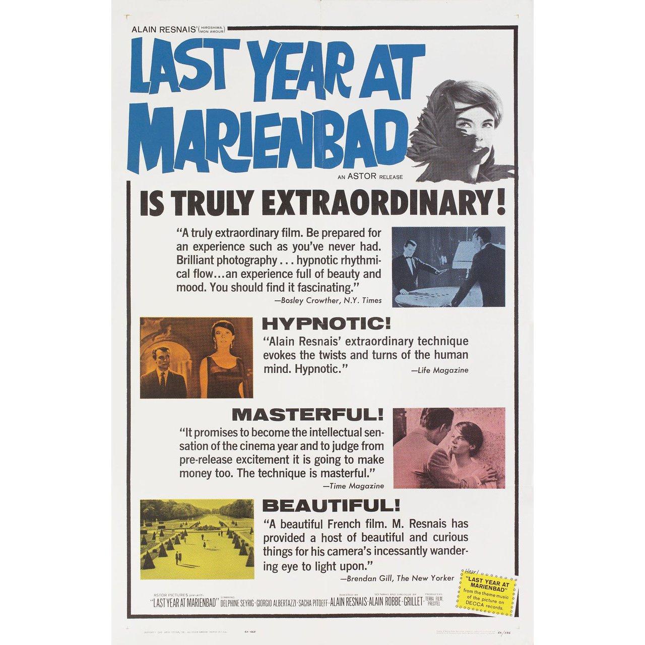 Original 1962 U.S. one sheet poster for the first U.S. theatrical release of the film Last Year at Marienbad (L'Annee derniere a Marienbad) directed by Alain Resnais with Delphine Seyrig / Giorgio Albertazzi / Sacha Pitoeff / Francoise Bertin. Very