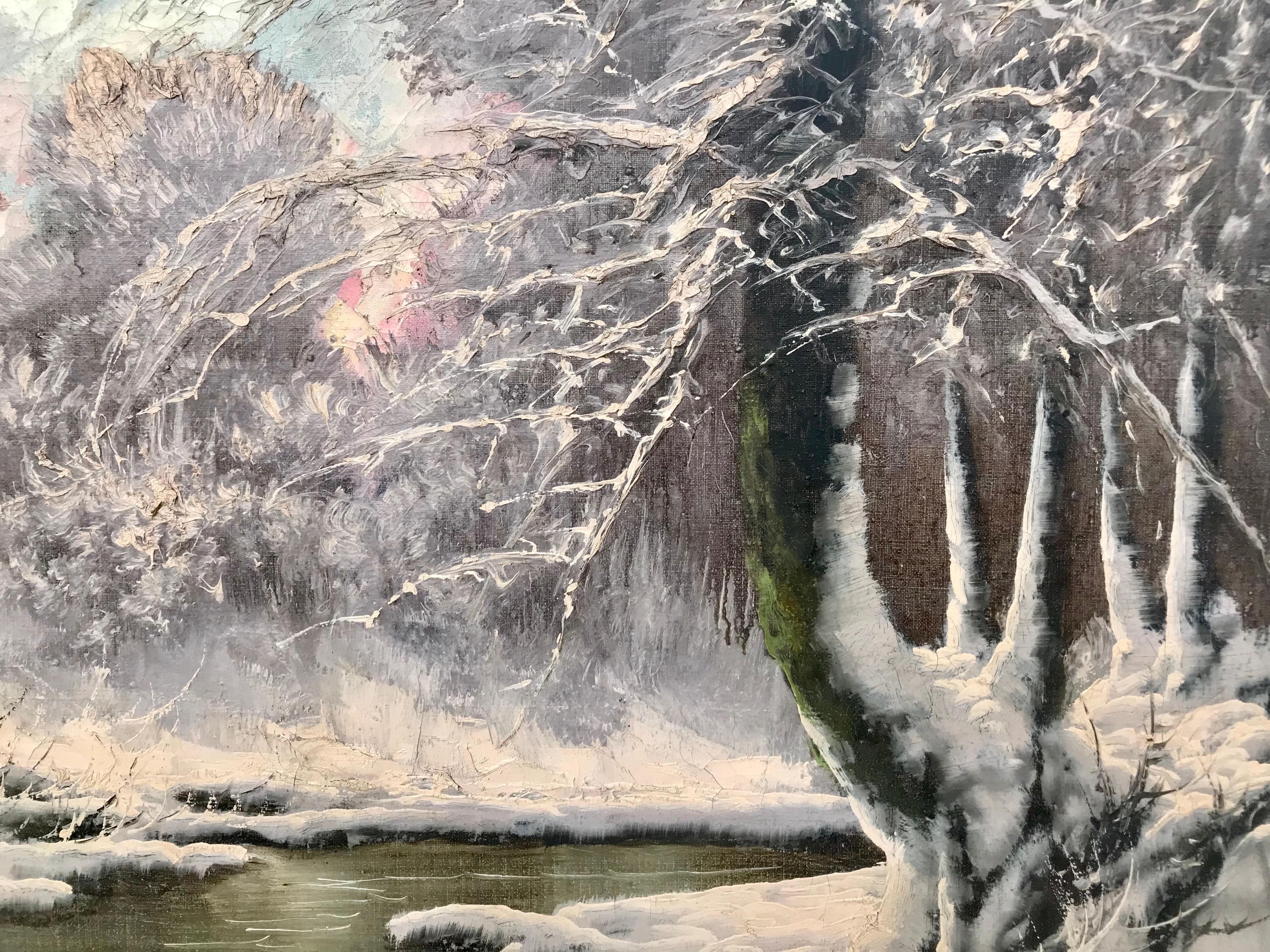 Gemälde eines ungarischen Winterwunderlandes, Forest River Snow Scene, 20. Jahrhundert im Angebot 6