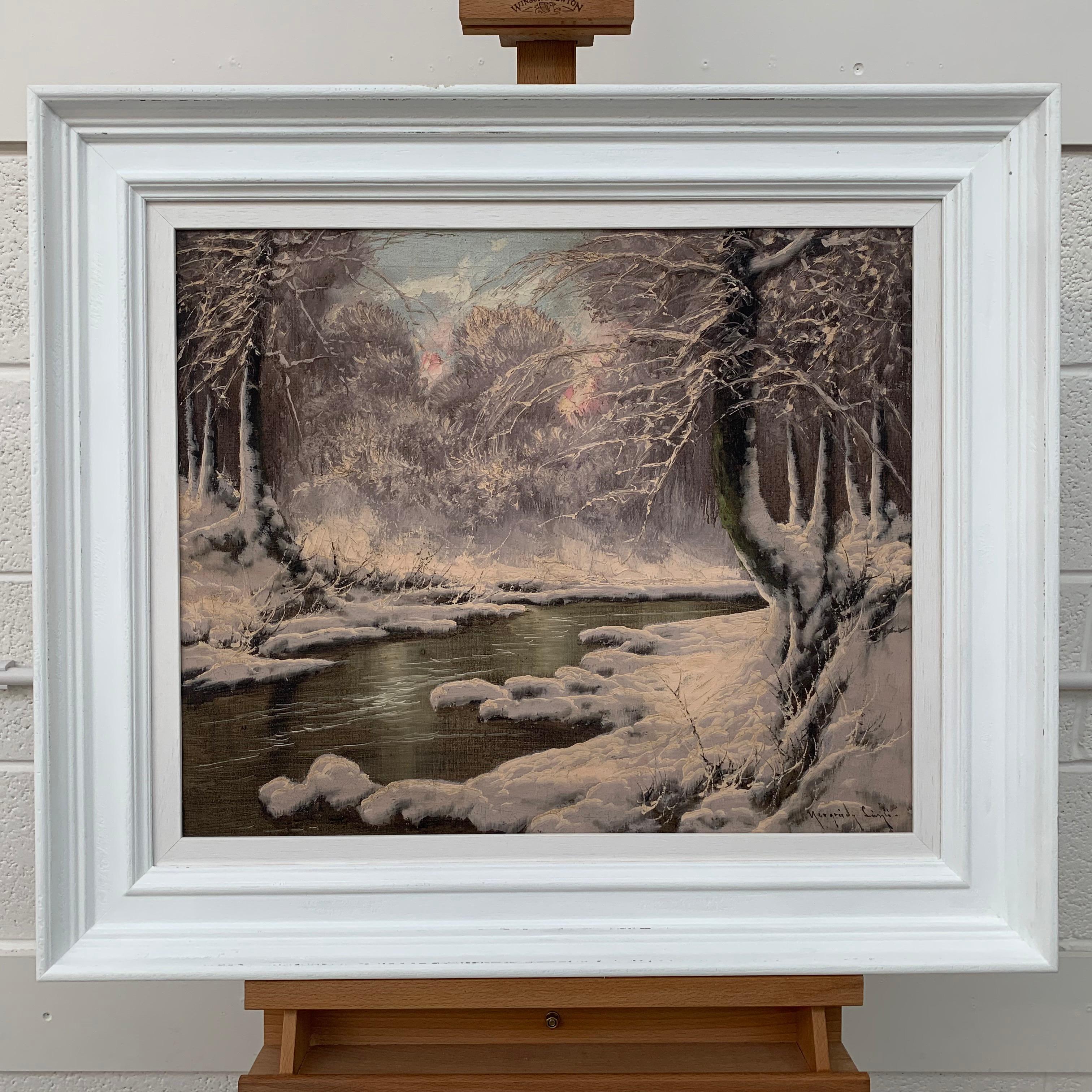 Gemälde eines ungarischen Winterwunderlandes, Forest River Snow Scene, 20. Jahrhundert (Land), Painting, von Laszlo Neogrady
