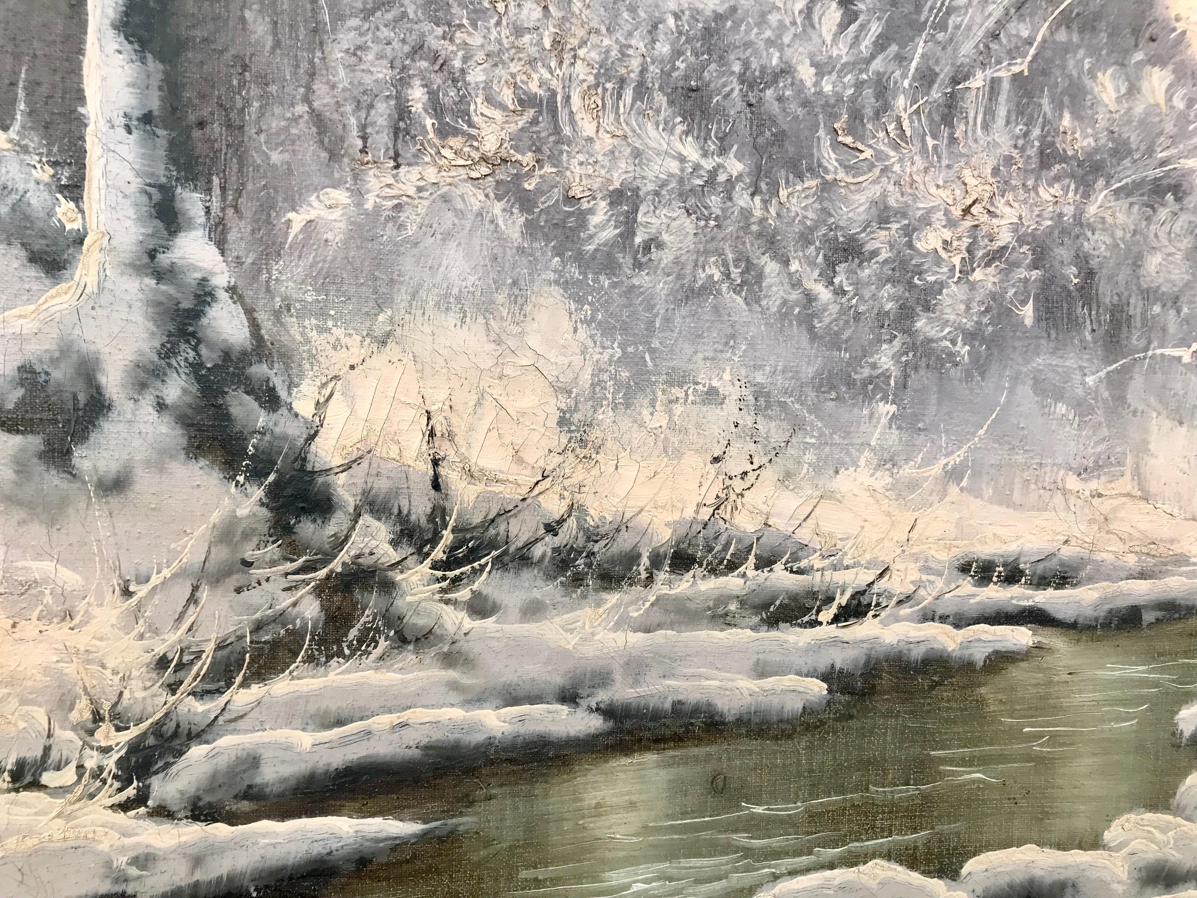 Pintura del siglo XX de una escena de nieve en un río del bosque del País de las Maravillas Invernal Húngaro en venta 4
