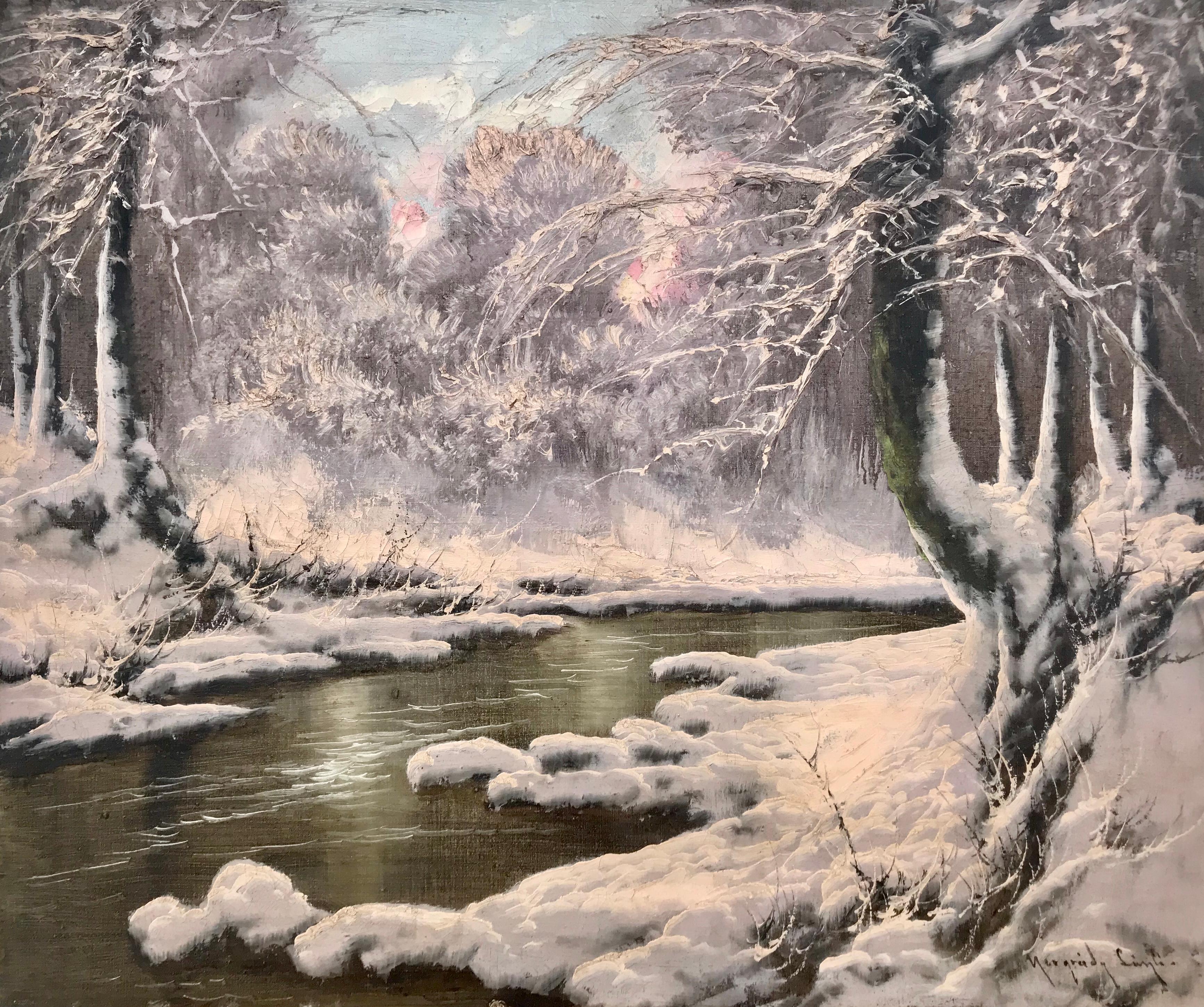 Early 20th Century Painting of a Hungarian Winter Wonderland Forest River Snow Scene.

Art measures 23.5 x 19.5 inches
Frame measures 30 x 26 inches

Laszlo Neogrady was a Hungarian painter best known for his naturalistic depictions of rustic