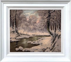 20th Century Painting of a Hungarian Winter Wonderland Forest River Snow Scene
