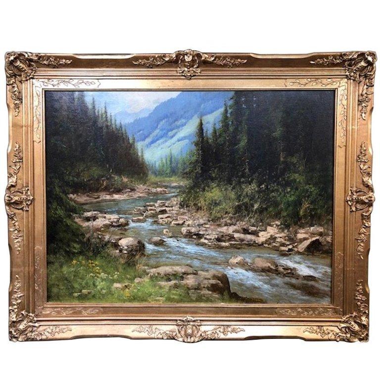 Laszlo Neogrady Landscape Painting - Endless Mountain Landscape with a Creek