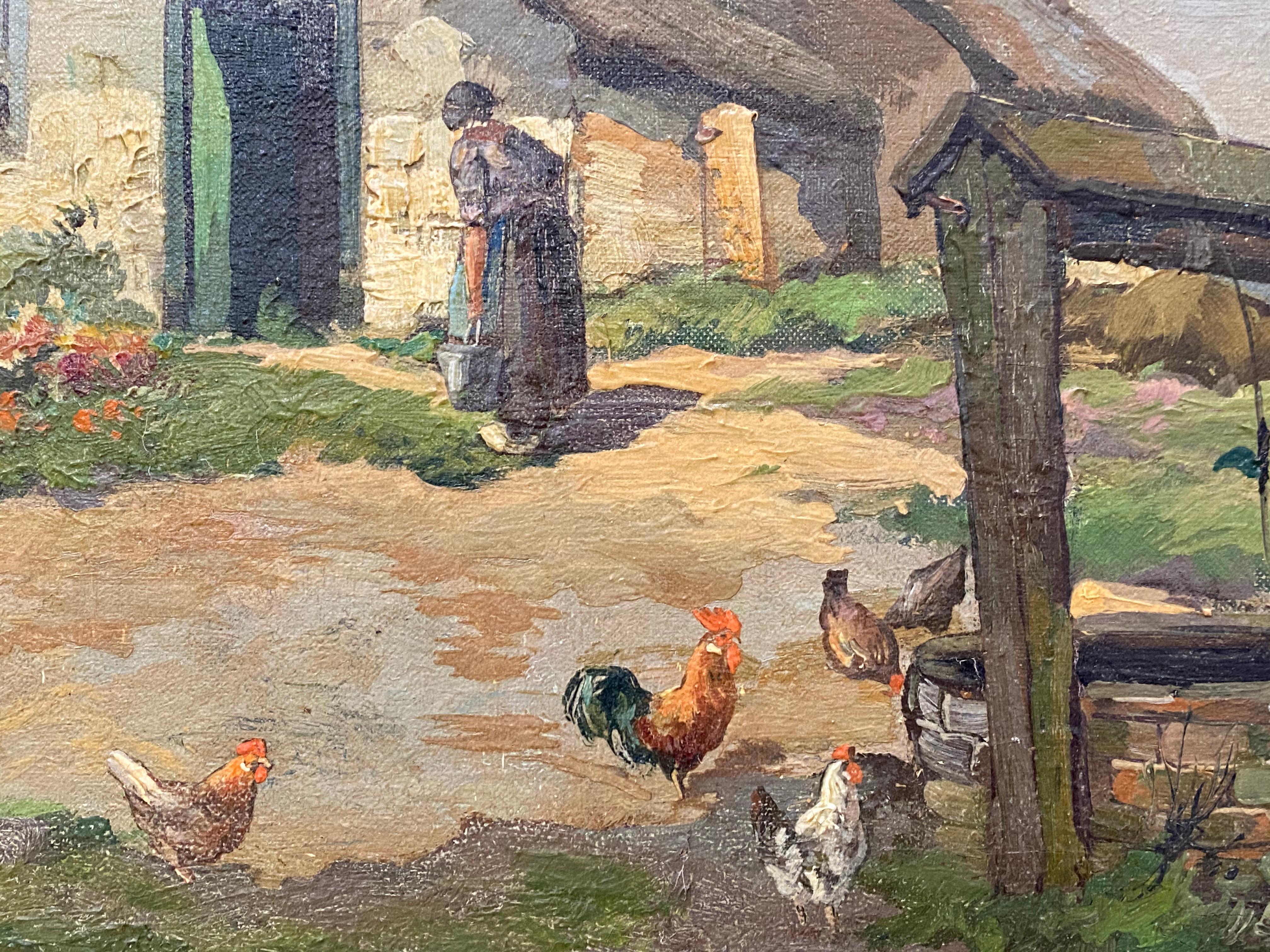 Thatched Cottage W/ Figure and Chickens Original Oil Painting 1