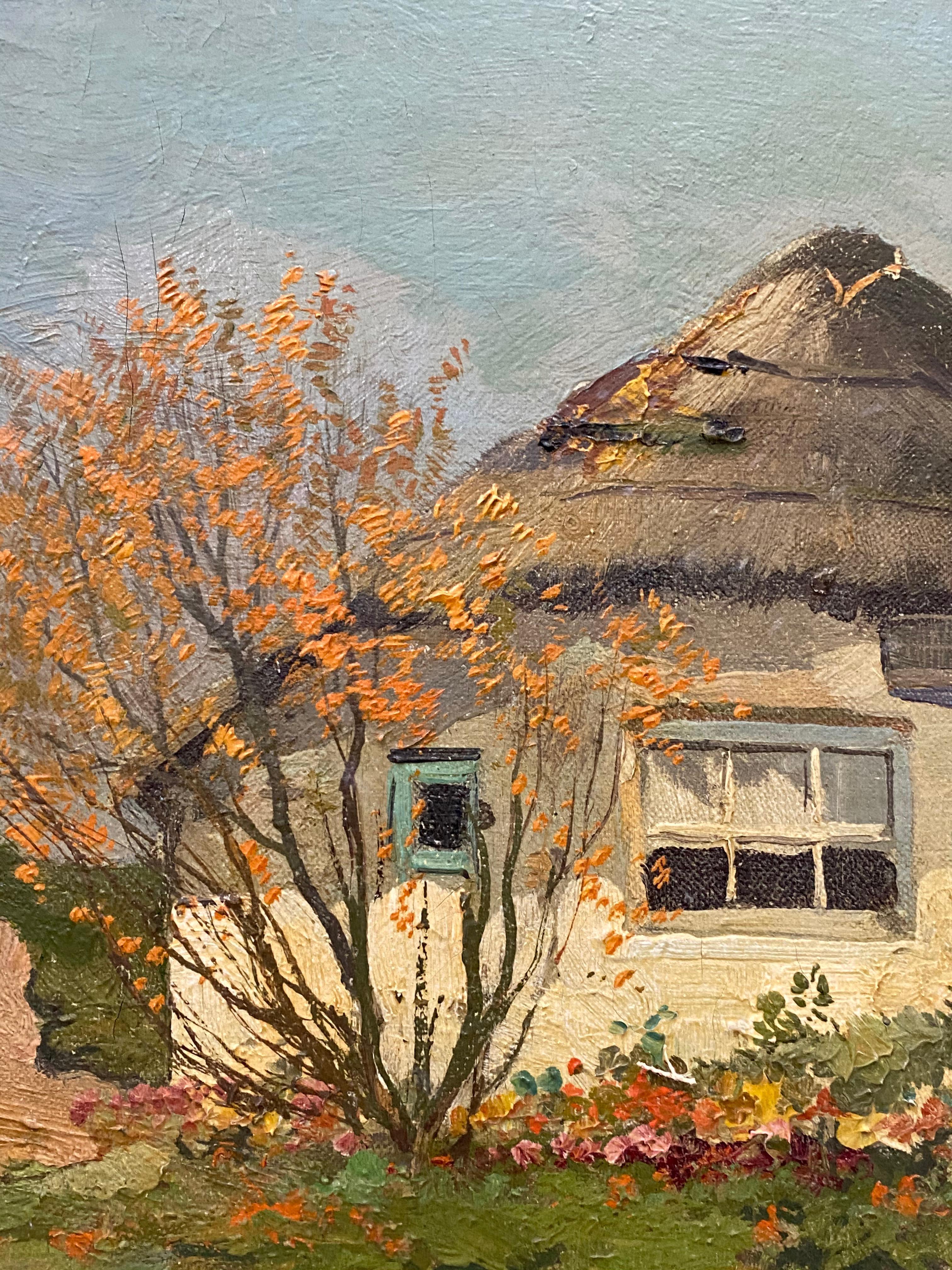 Thatched Cottage W/ Figure and Chickens Original Oil Painting 3