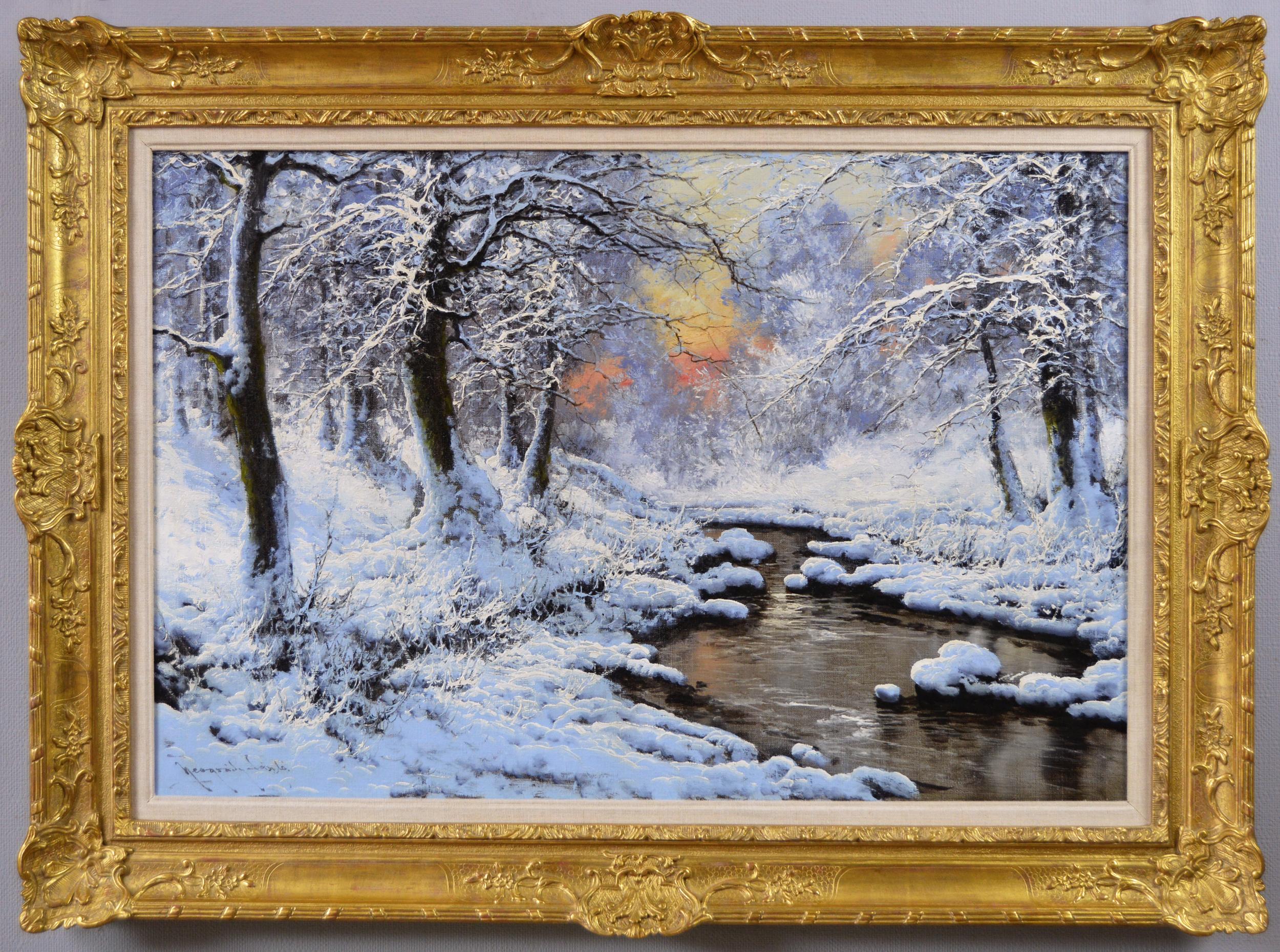 Winter landscape oil painting of a woodland stream